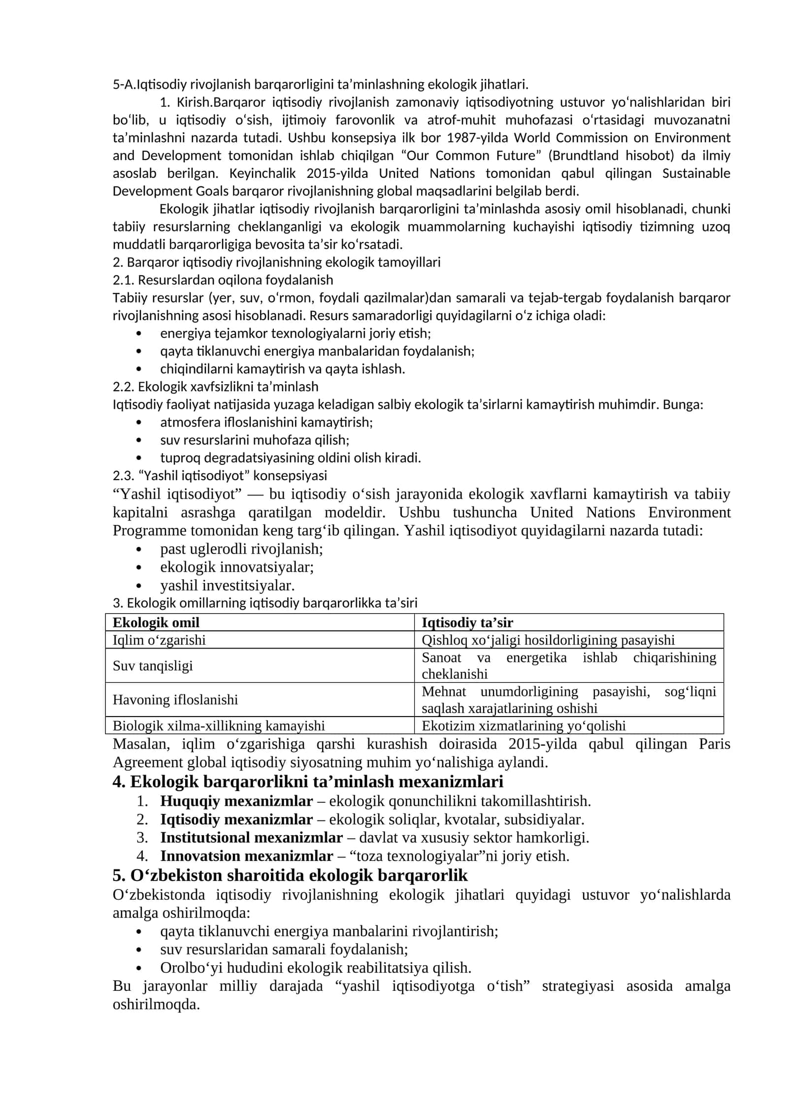 Barqaror iqtisodiy rivojlanishning ekologik tamoyillari 1