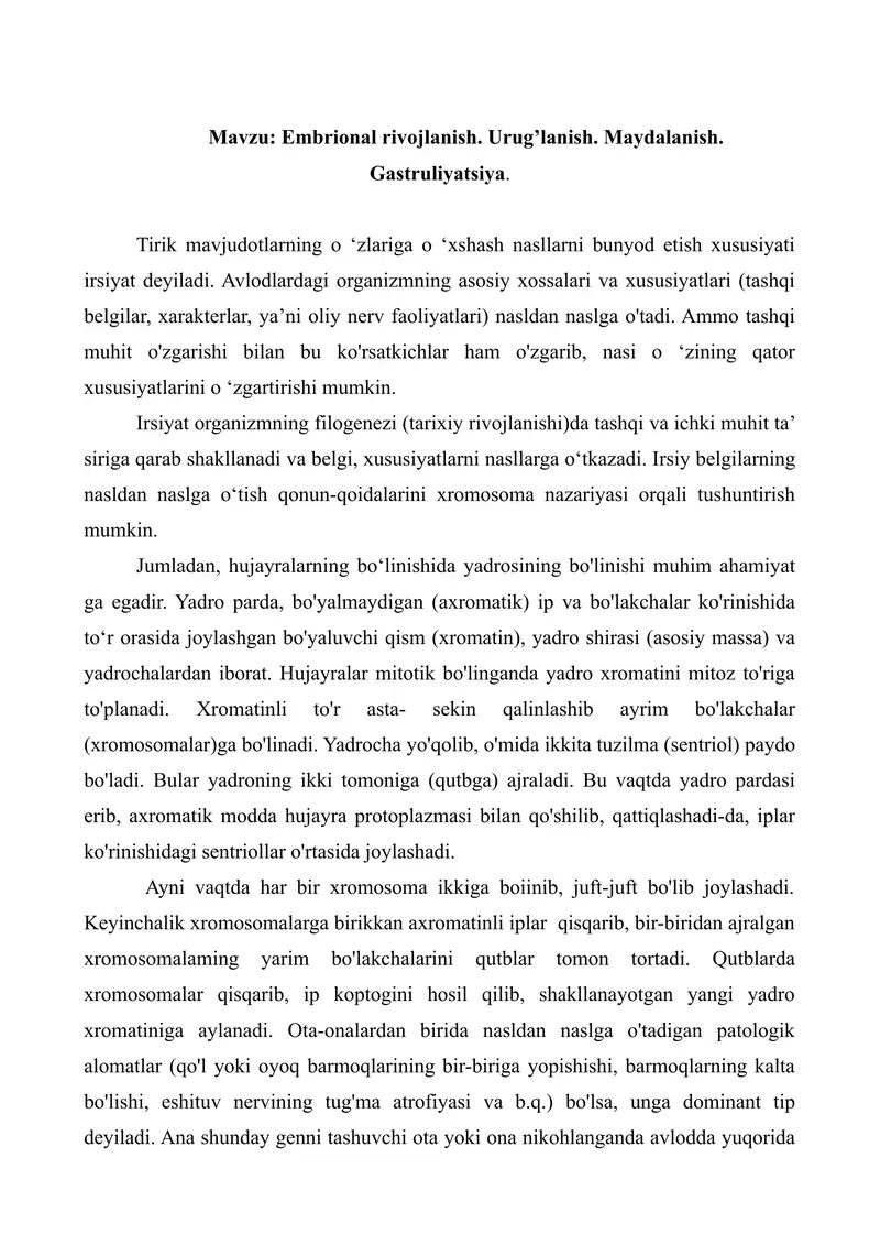 3. Embrional rivojlanish. Urug’lanish. Maydalanish. Gastruliyatsiya. Referat 5 bet. 1