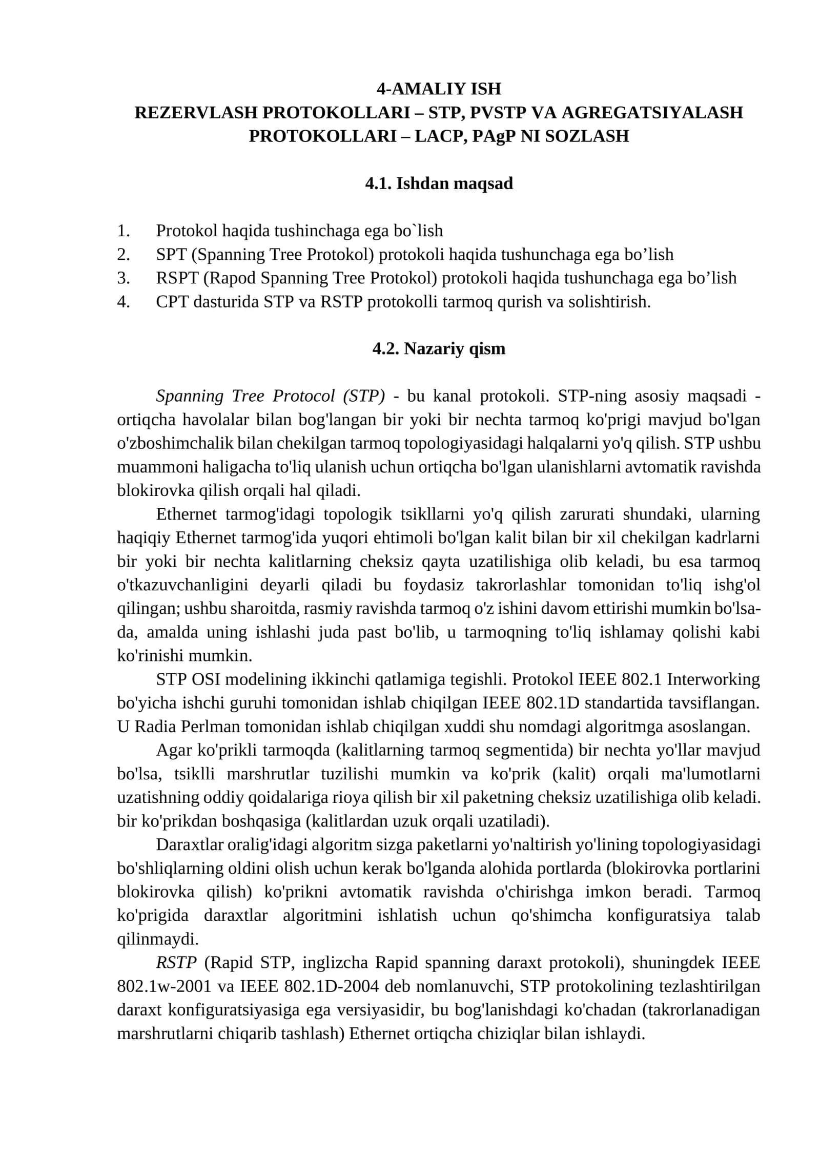 REZERVLASH PROTOKOLLARI – STP, PVSTP VA AGREGATSIYALASH PROTOKOLLARI – LACP, PAgP NI SOZLASH 1