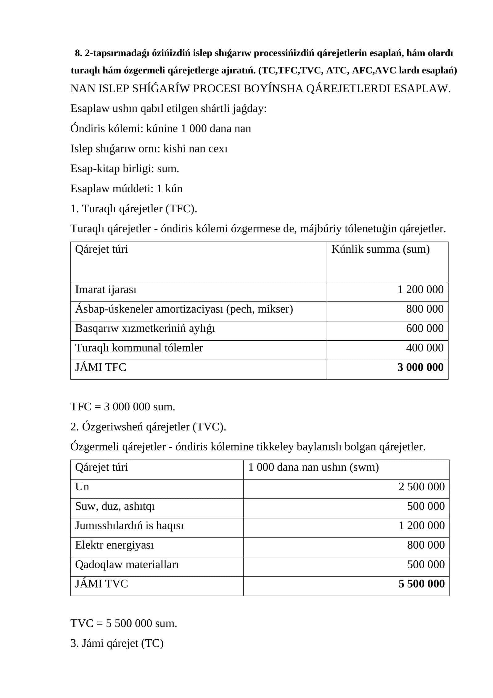 NAN ISLEP SHÍǴARÍW PROCESI BOYÍNSHA QÁREJETLERDI ESAPLAW 1