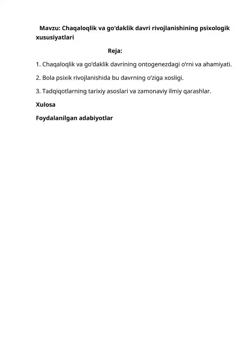 Chaqaloqlik va go‘daklik davri rivojlanishining psixologik xususiyatlari