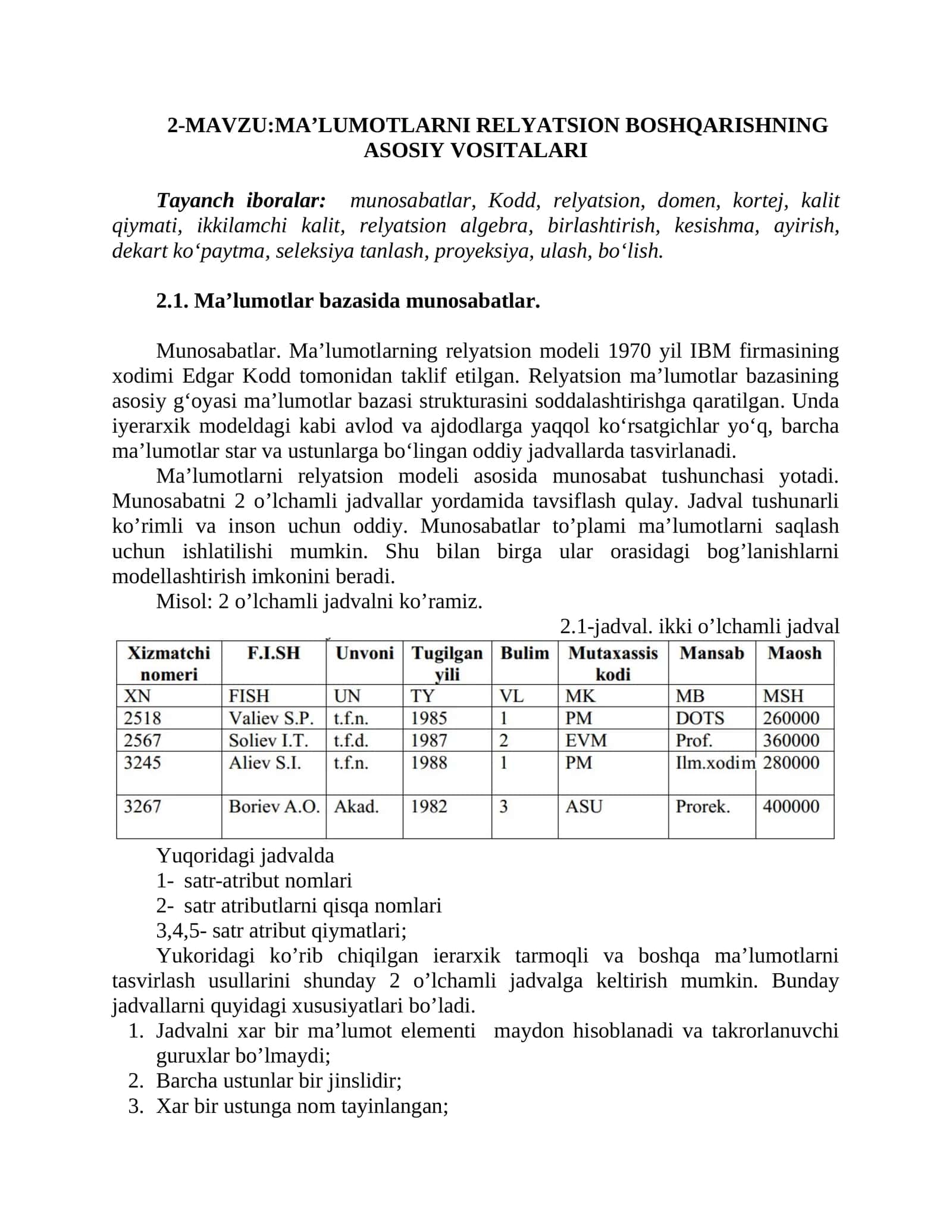 MA’LUMOTLARNI RELYATSION BOSHQARISHNING ASOSIY VOSITALARI 1