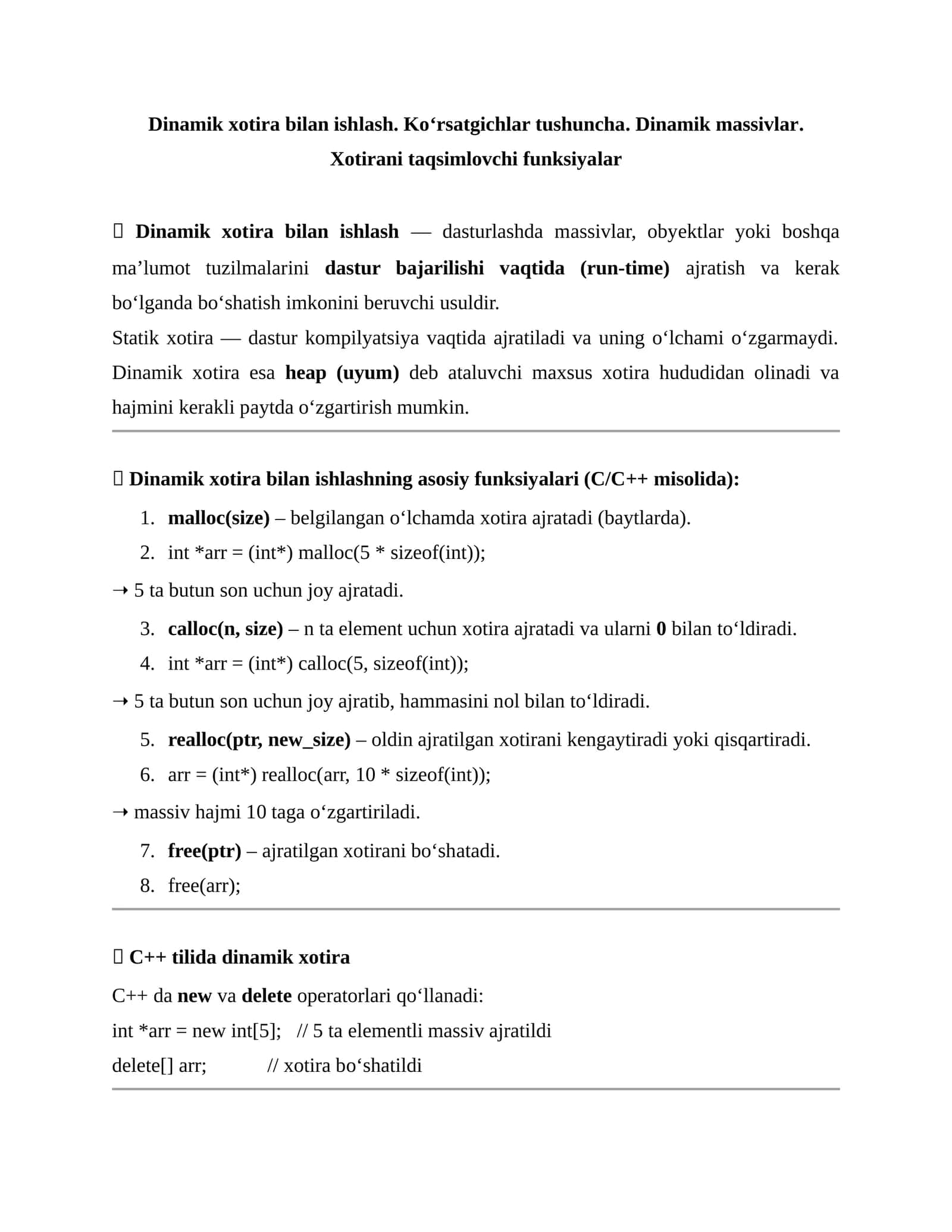 Dinamik xotira bilan ishlash. Ko‘rsatgichlar tushuncha. Dinamik massivlar. Xotirani taqsimlovchi funksiyalar 1