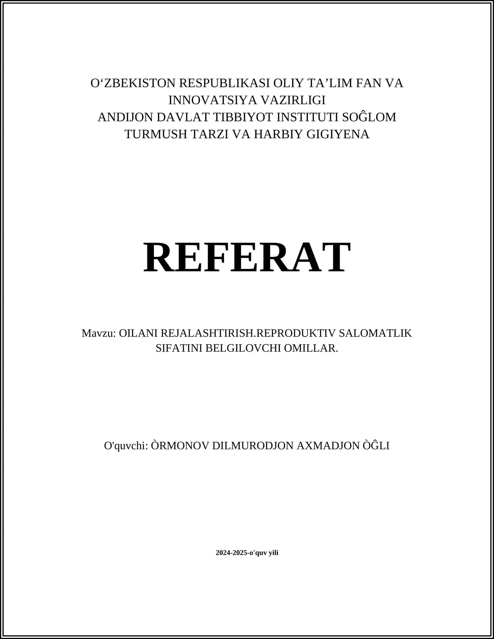 OILANI REJALASHTIRISH.REPRODUKTIV SALOMATLIK SIFATINI BELGILOVCHI OMILLAR 1