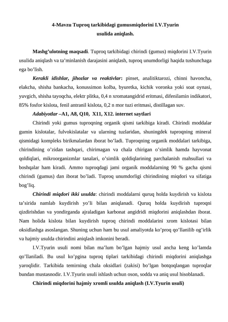 Tuproq tarkibidagi gumusmiqdorini I.V.Tyurin  usulida aniqlash 1