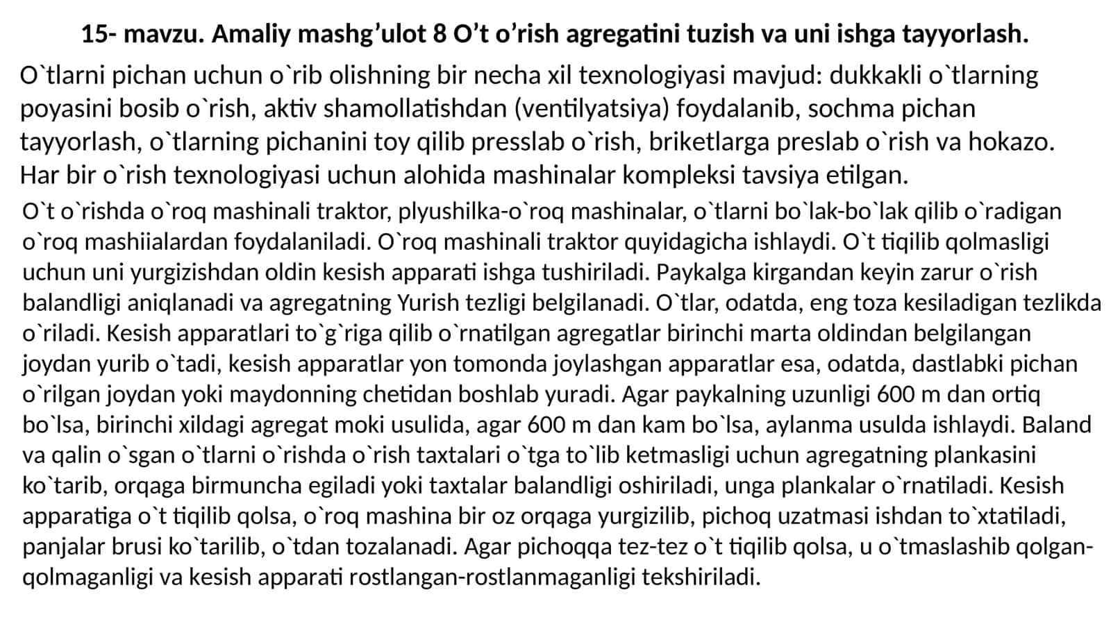 O’to’rish agregatining tuzilishi va uni ishga tayyorlash 1