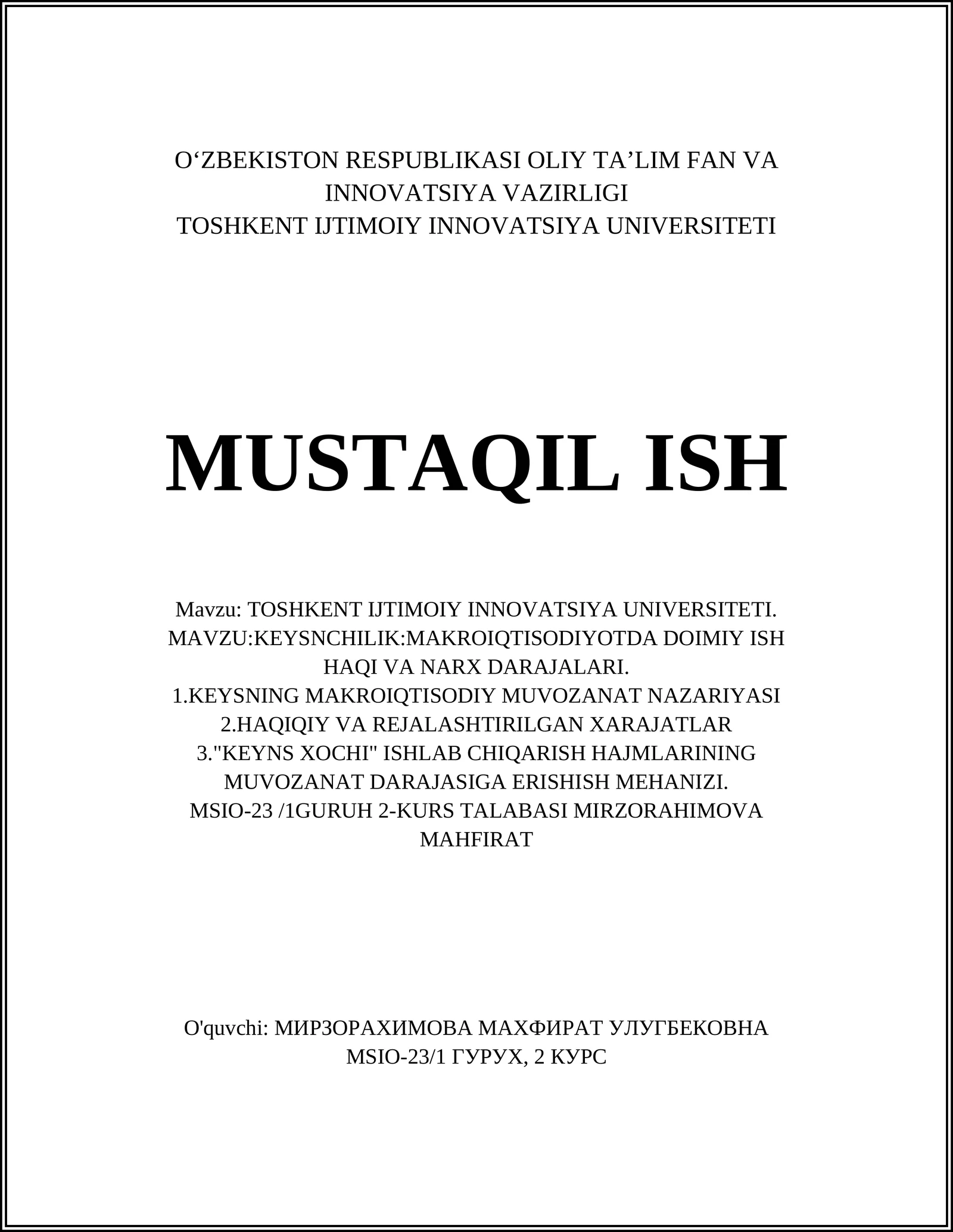 KEYNSNING MAKROIQTISODIY MUVOZANAT NAZARIYASI 1