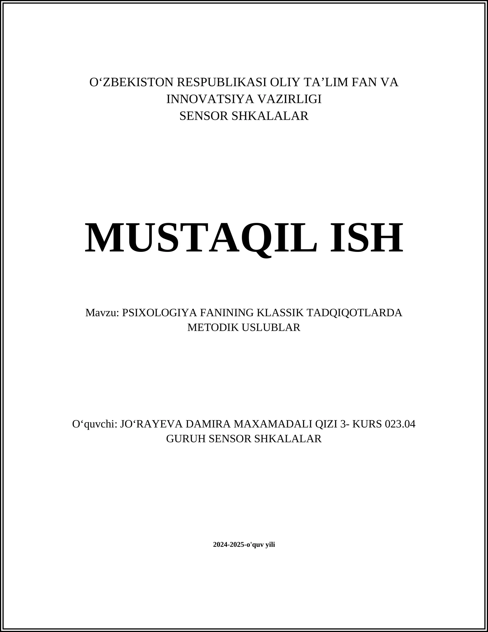 PSIXOLOGIYA FANINING KLASSIK TADQIQOTLARDA METODIK USLUBLAR 1