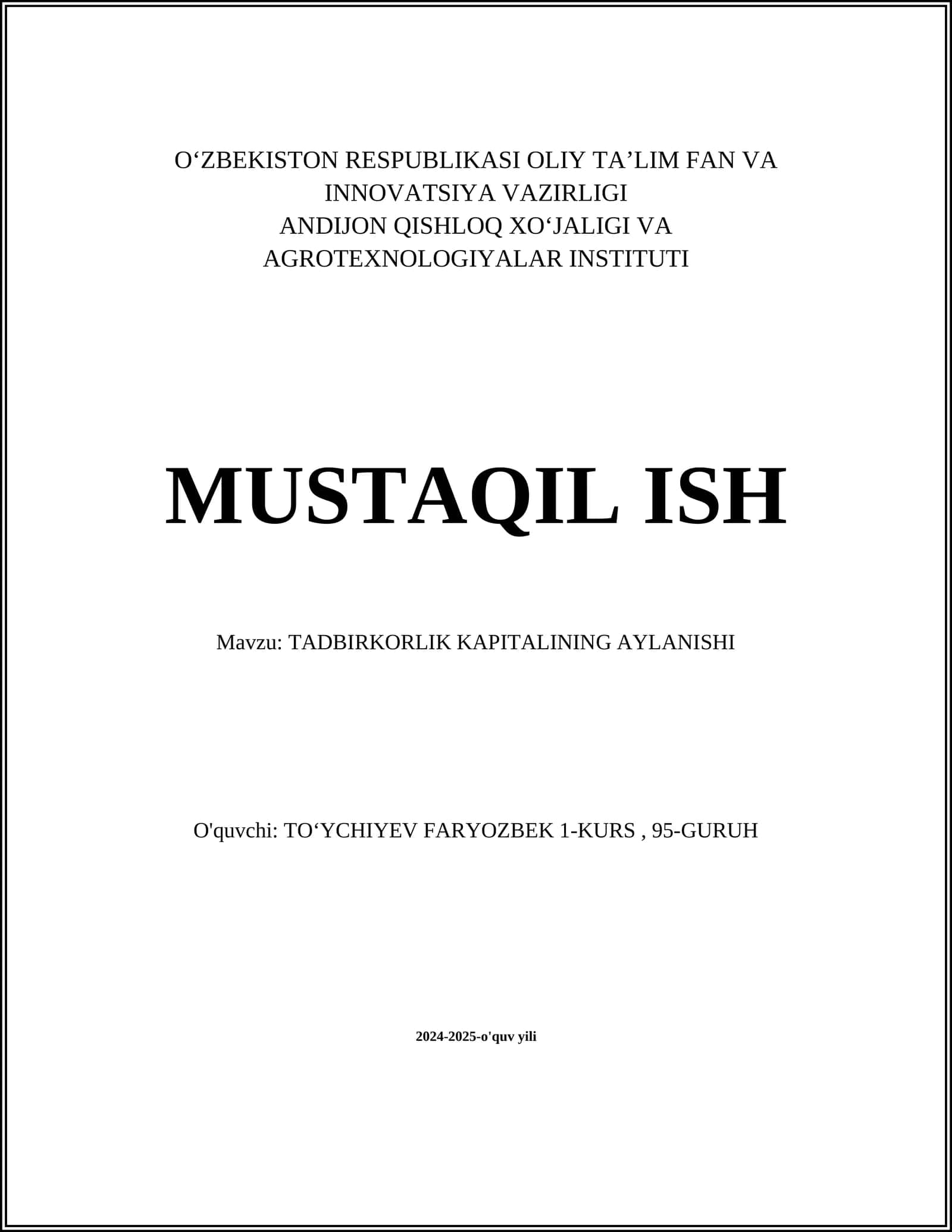 TADBIRKORLIK KAPITALINING AYLANISHI 1