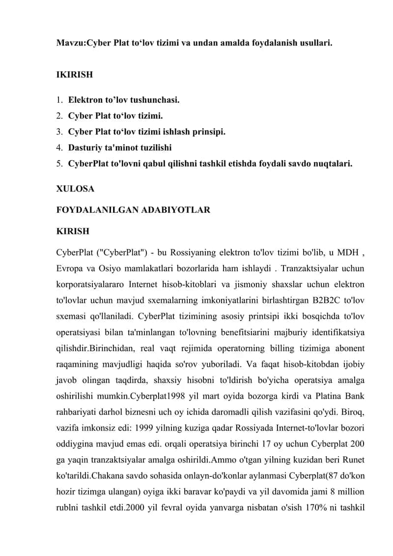 CyberPlat toʻlov tizimi va undan amalda foydalanish usullari 1