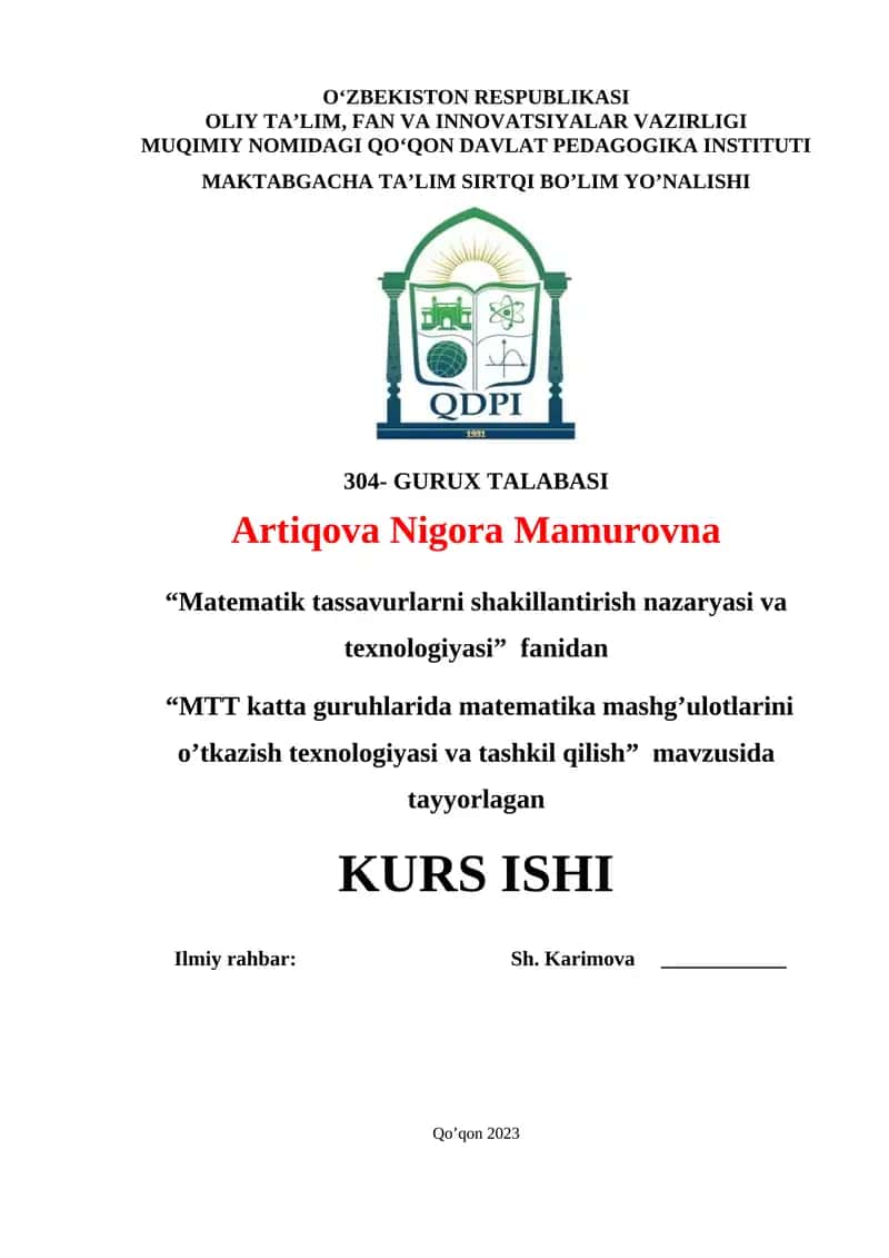 "MTT katta guruhlarida matematika mashg’ulotlarini o’tkazish texnologiyasi va tashkil qilish" 1