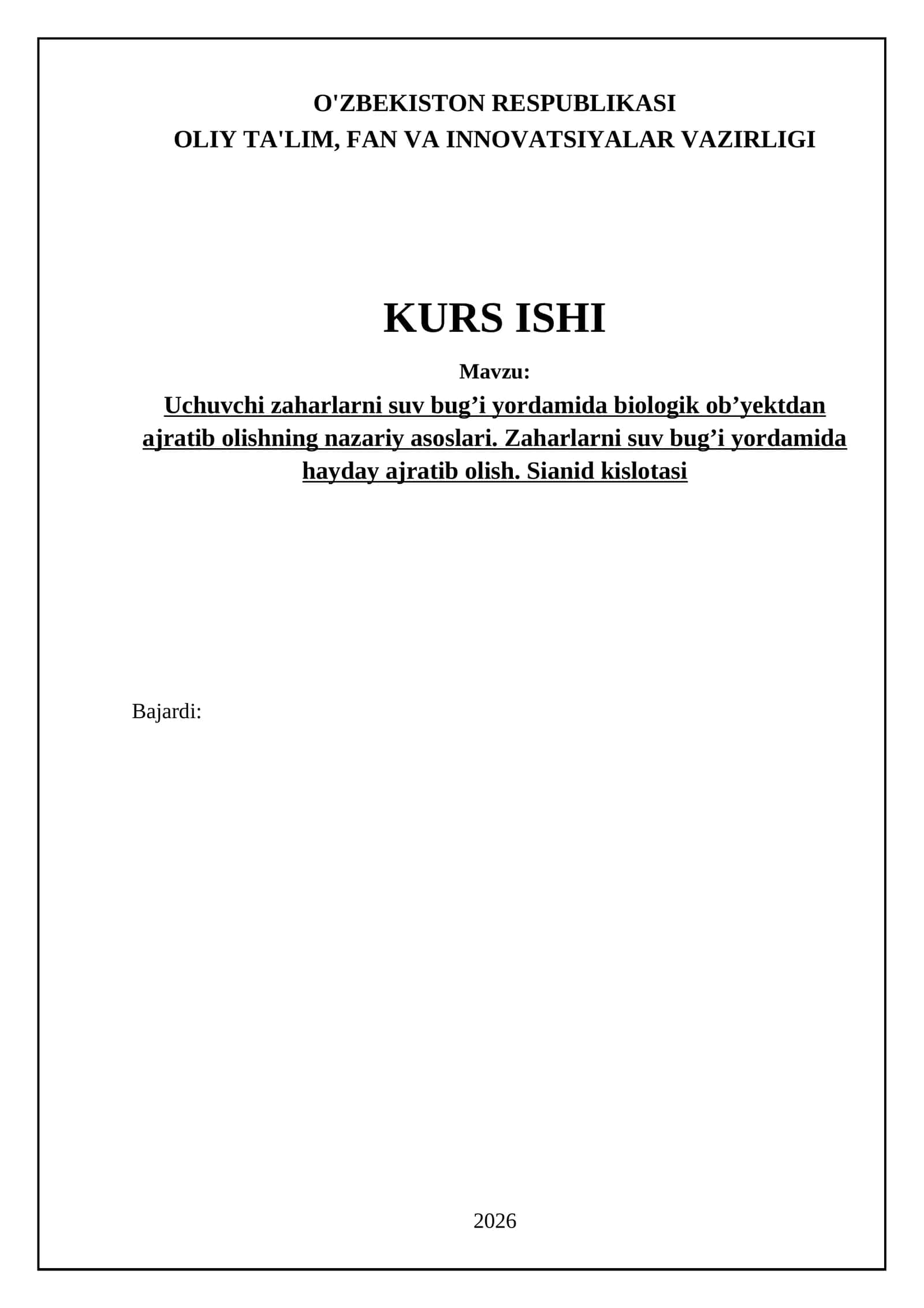 Uchuvchi zaharlarni suv bugʼi yordamida biologik obʼyektdan ajratib olishning nazariy asoslari 1