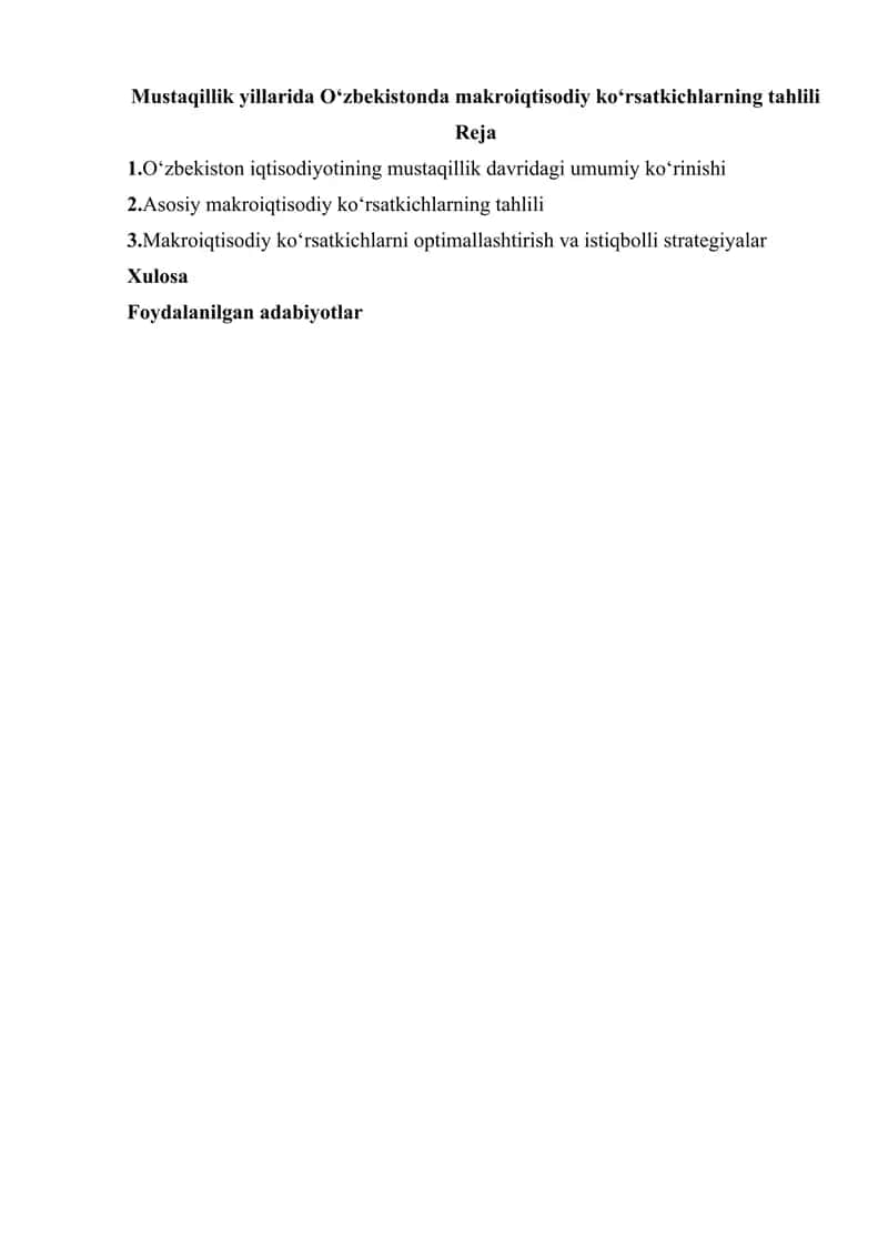O‘zbekiston iqtisodiyotining mustaqillik davridagi umumiy ko‘rinishi 1