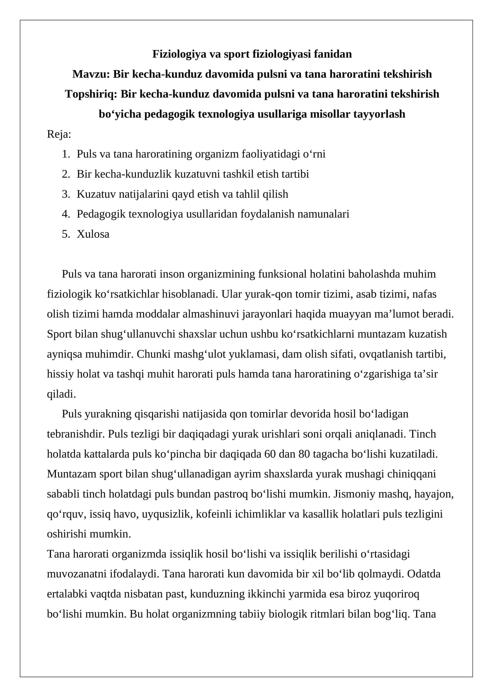 Bir kecha-kunduz davomida pulsni va tana haroratini tekshirish 1