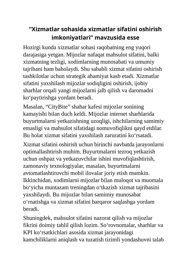 "Xizmatlar sohasida xizmatlar sifatini oshirish imkoniyatlari" esse 1