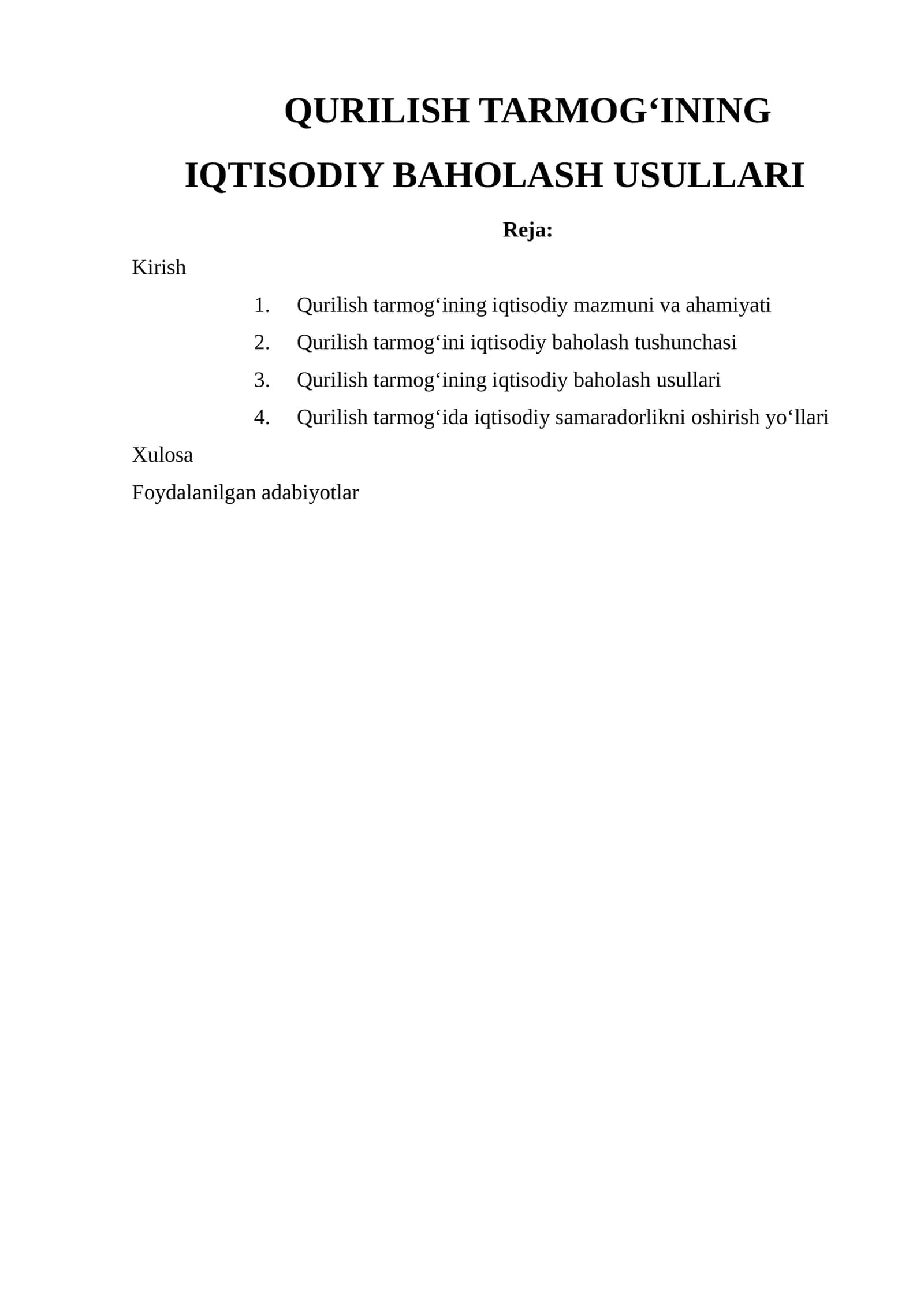 QURILISH TARMOG‘INING IQTISODIY BAHOLASH USULLARI 1