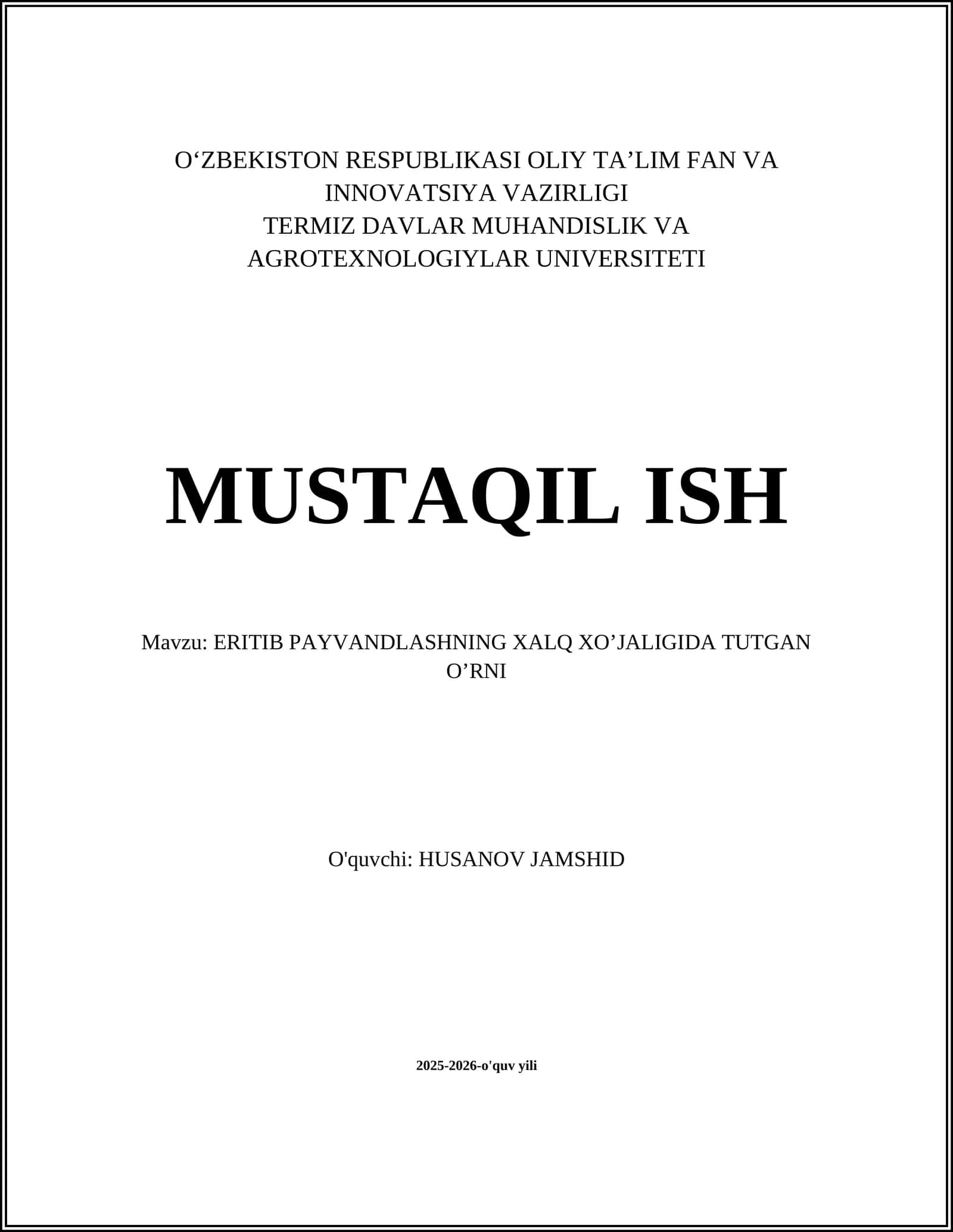 ERITIB PAYVANDLASHNING XALQ XO’JALIGIDA TUTGAN O’RNI 1