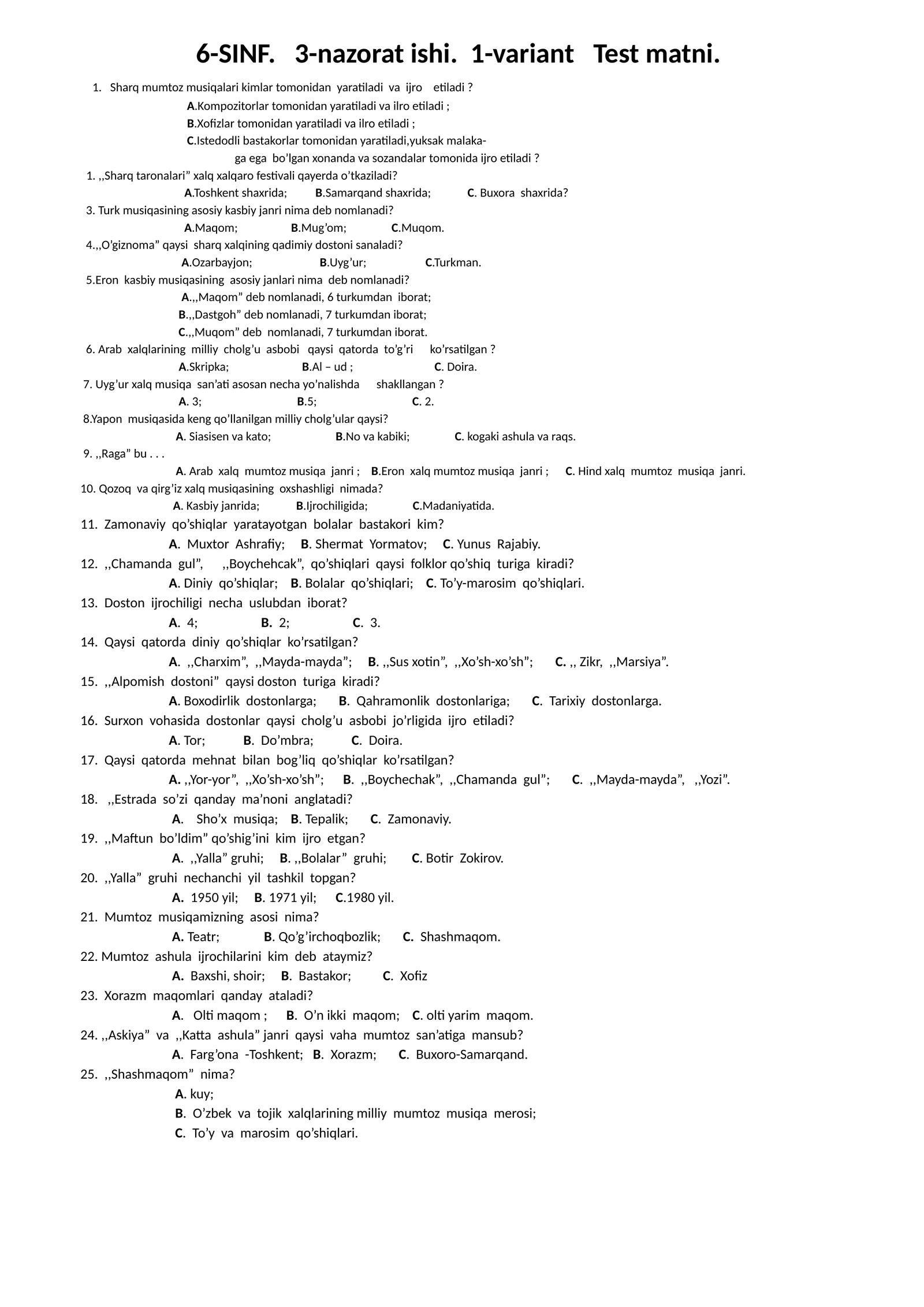 6-SINF. 3-nazorat ishi. 1-variant Test matni 1