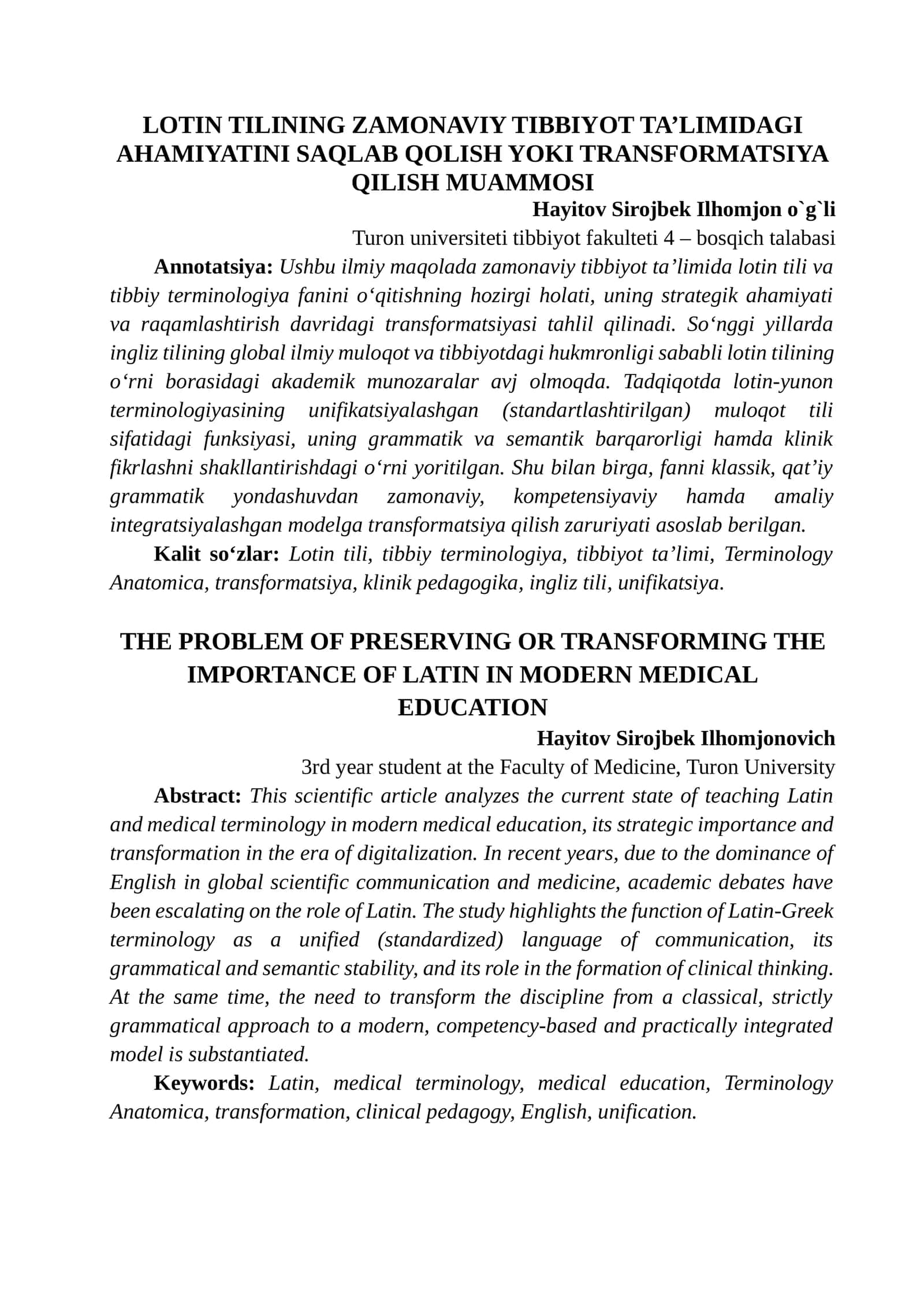 LOTIN TILINING ZAMONAVIY TIBBIYOT TA’LIMIDAGI AHAMIYATINI SAQLAB QOLISH YOKI TRANSFORMATSIYA QILISH MUAMMOSI 1