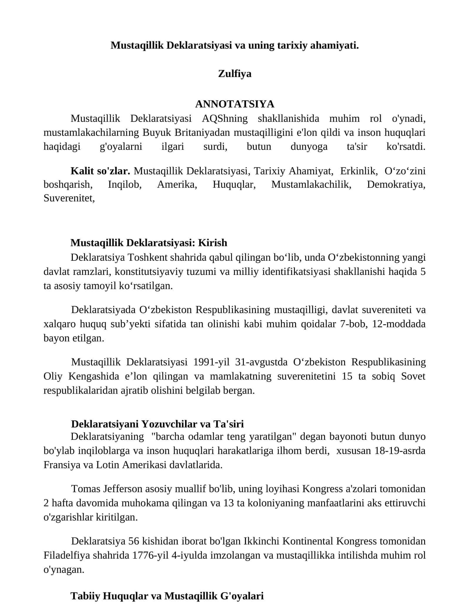 Mustaqillik Deklaratsiyasi va uning tarixiy ahamiyati 1