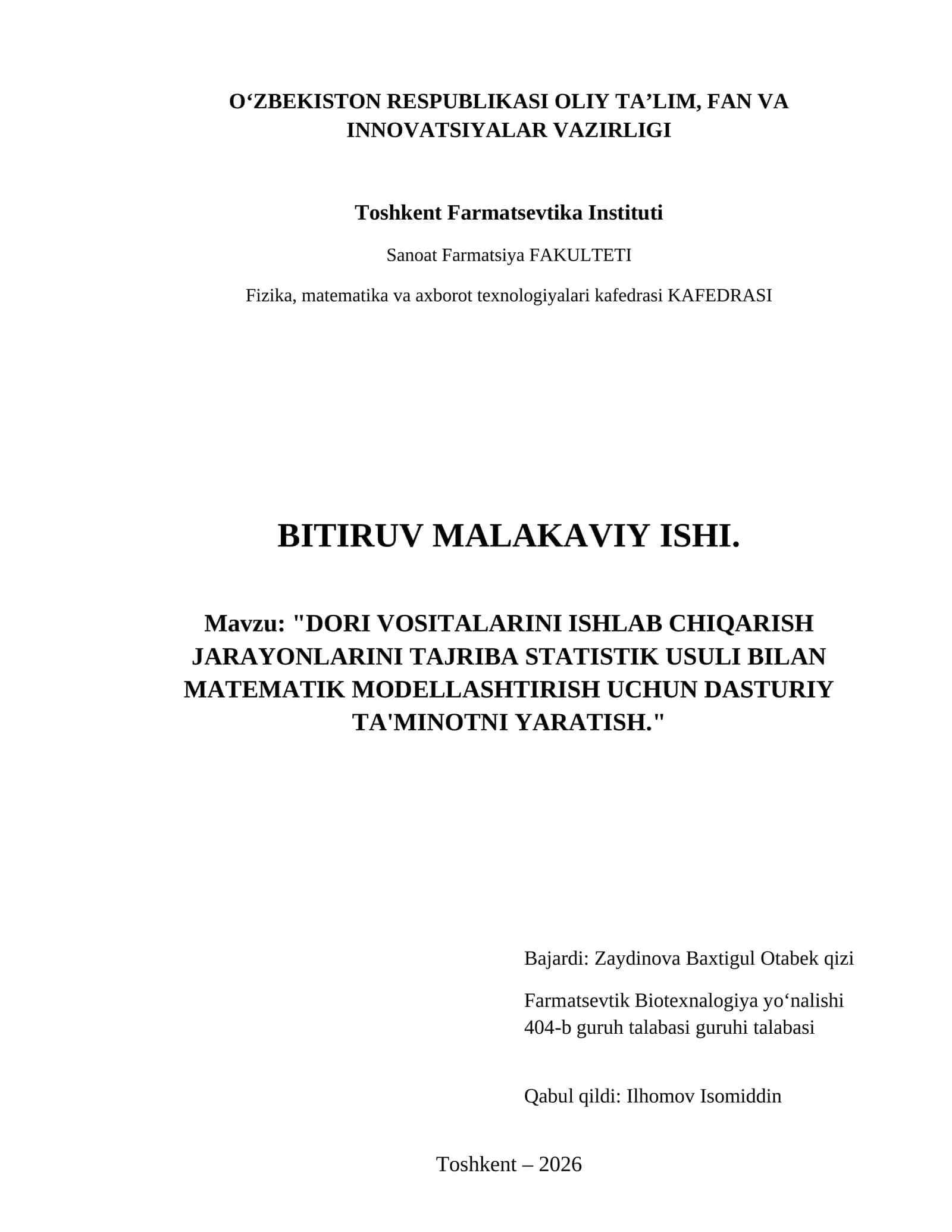 Dori vositalarini ishlab chiqarish jarayonlarini tajriba statistik usuli bilan matematik modellashtirish uchun dasturiy ta'minotni yaratish. 1