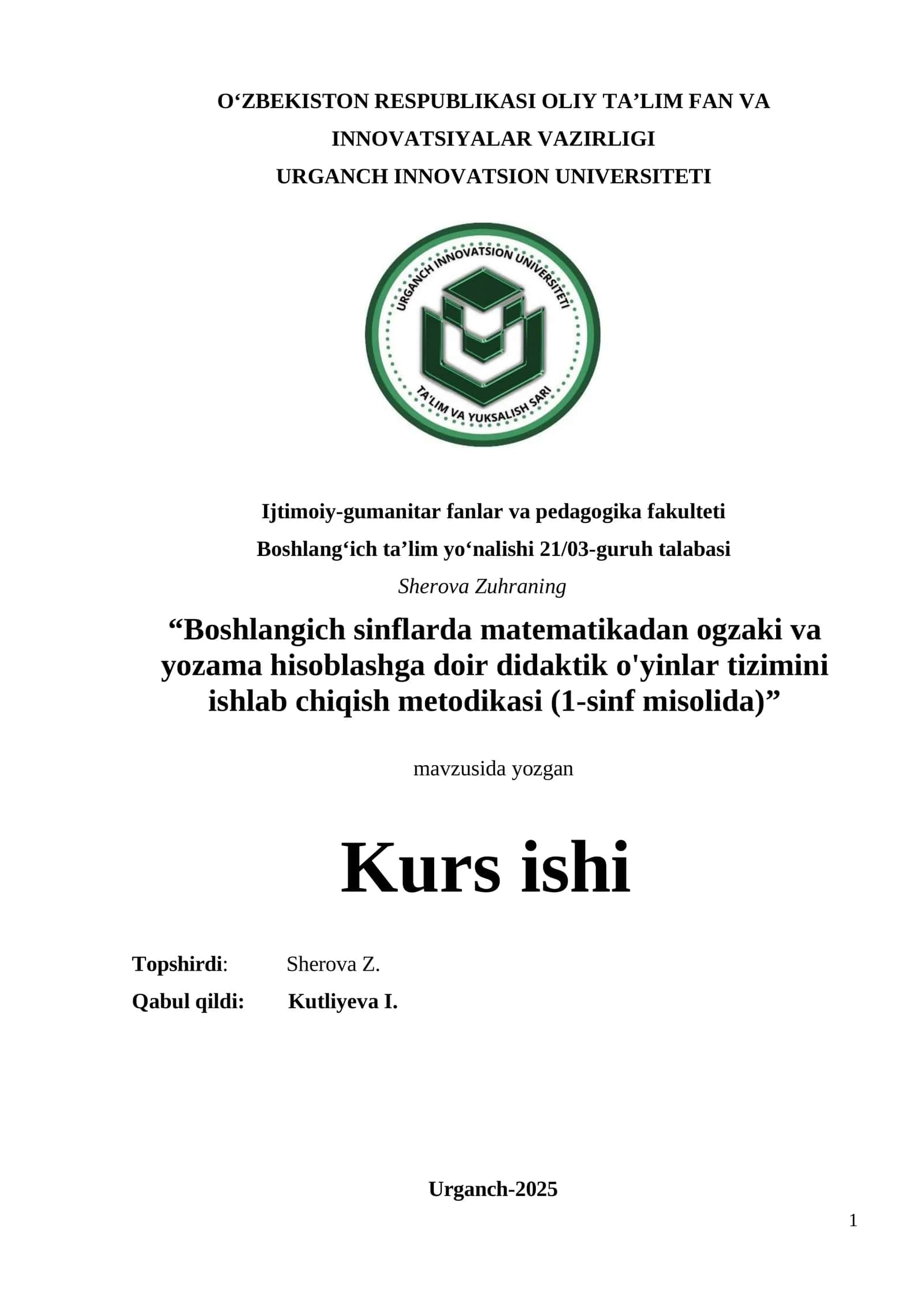 Boshlangich sinflarda matematikadan ogzaki va yozama hisoblashga doir didaktik o'yinlar tizimini ishlab chiqish metodikasi 1