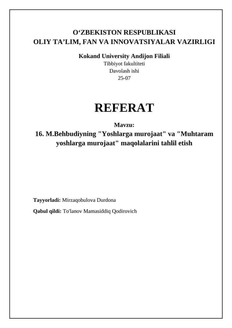 M.Behbudiyning "Yoshlarga murojaat" va "Muhtaram yoshlarga murojaat" maqolalarini tahlil etish 1