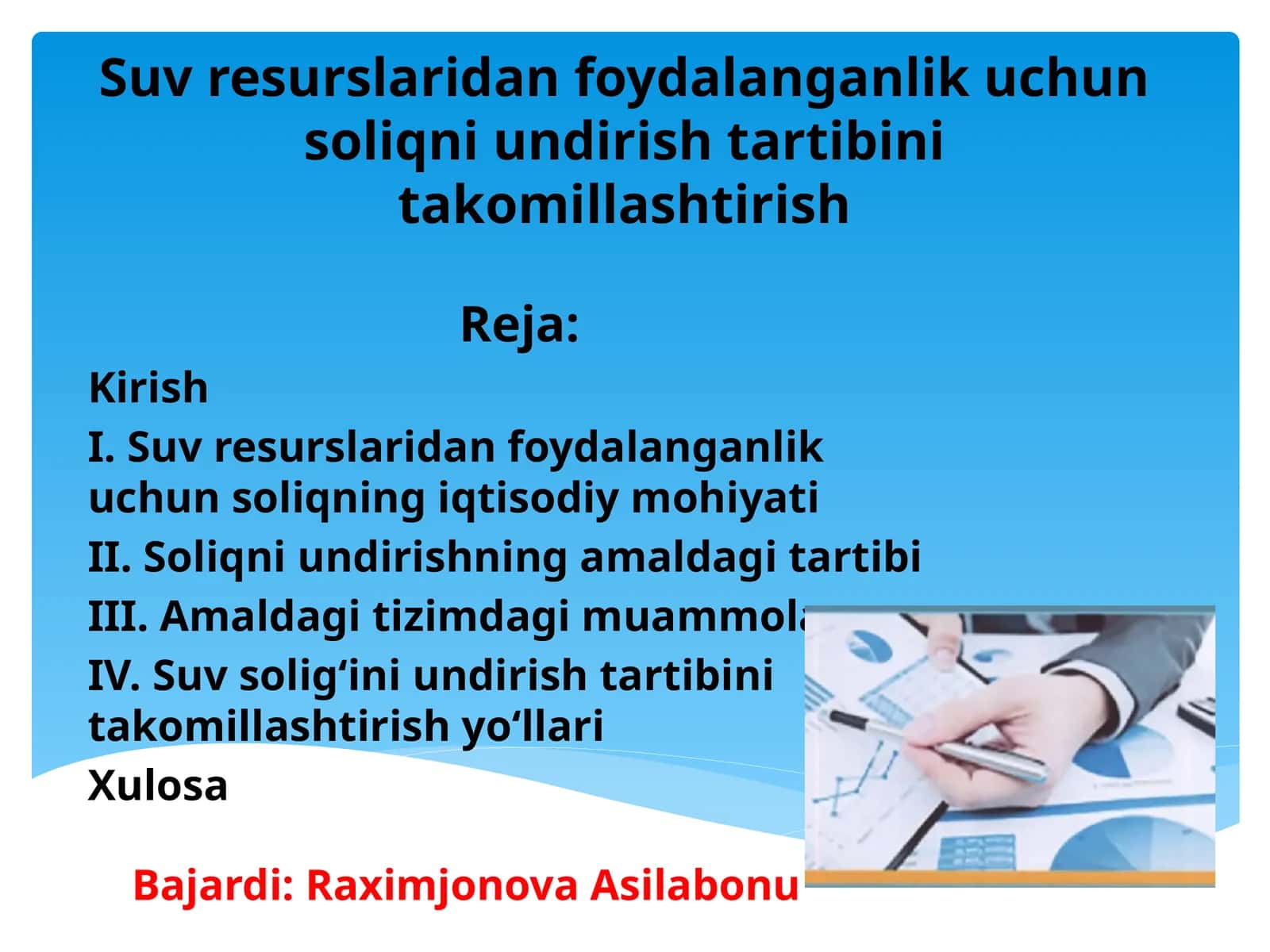 Suv resurslaridan foydalanganlik uchun soliqni undirish tartibini takomillashtirish 1