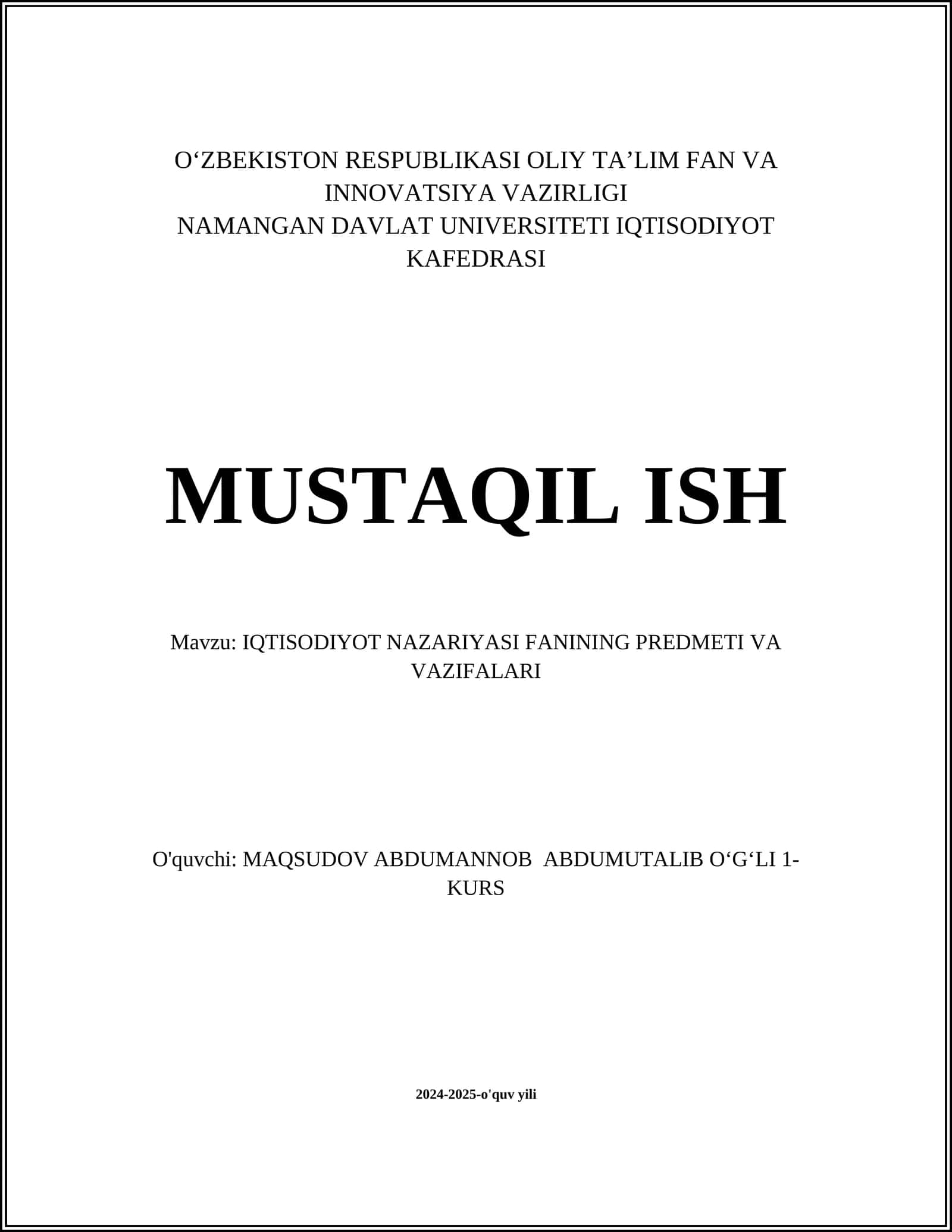 IQTISODIYOT NAZARIYASI FANINING PREDMETI VA VAZIFALARI 1