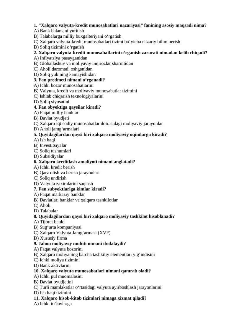 Xalqaro Valyuta-Kredit Munosabatlari Nazariyasi test 1