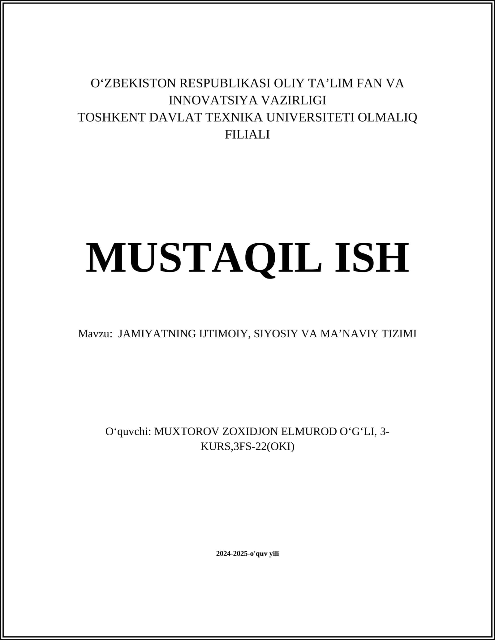 JAMIYATNING IJTIMOIY, SIYOSIY VA MA’NAVIY TIZIMI 1
