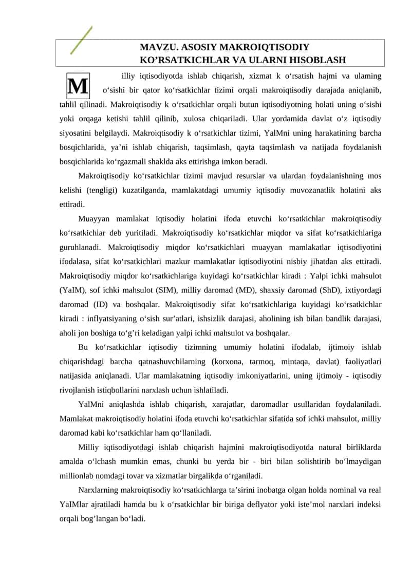 ASOSIY MAKROIQTISODIY KO’RSATKICHLAR VA ULARNI HISOBLASH 1