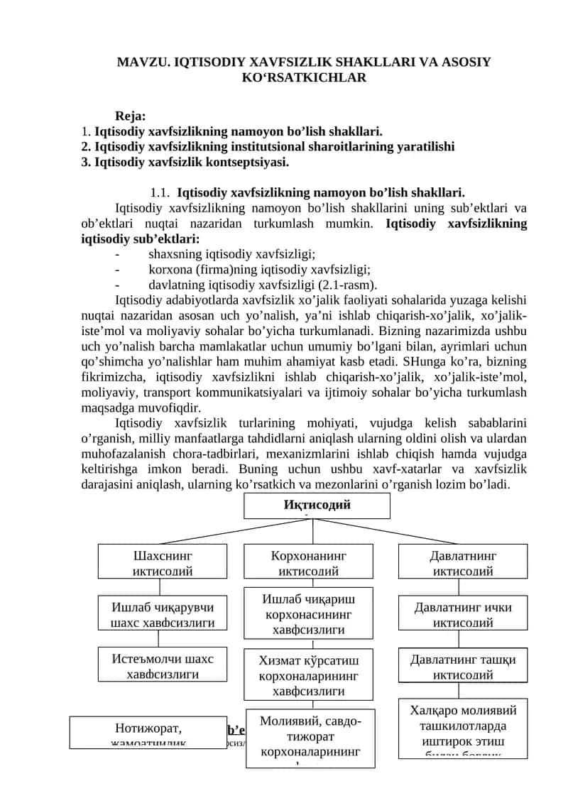 IQTISODIY XAVFSIZLIK SHAKLLARI VA ASOSIY KO‘RSATKICHLAR 1