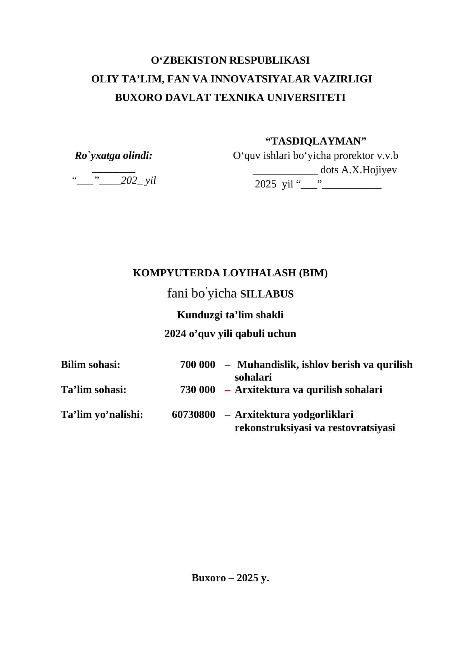 KOMPYUTERDA LOYIHALASH (BIM) fani bo’yicha SILLABUS 1