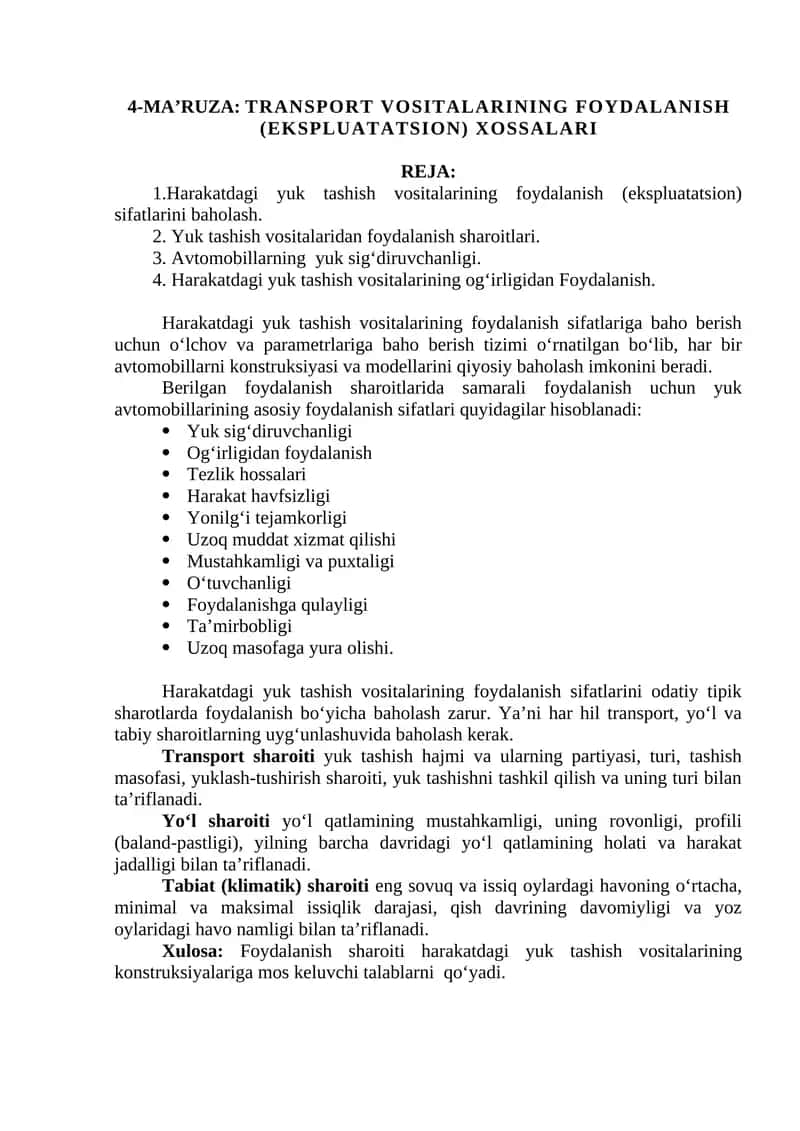 4-MA’RUZA: TRANSPORT VOSITALARINING FOYDALANISH (EKSPLUATATSION) XOSSALARI 1