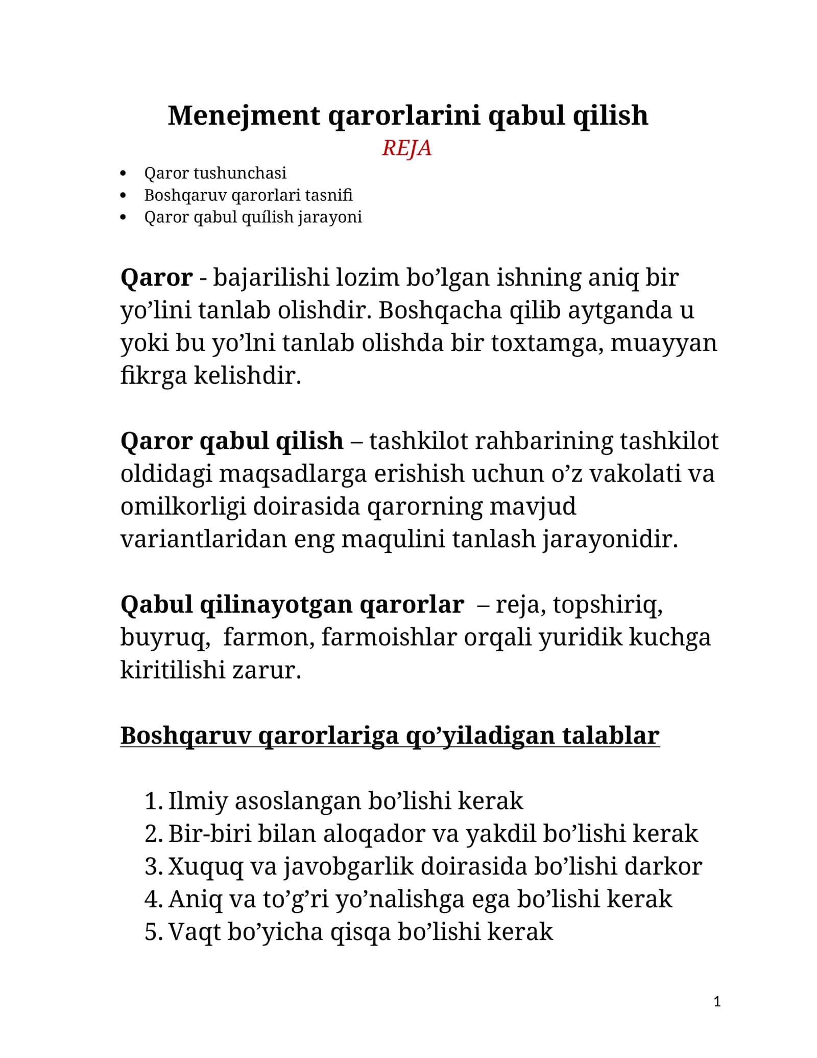 Menejment fani: Qarorlarini qabul qilish 1