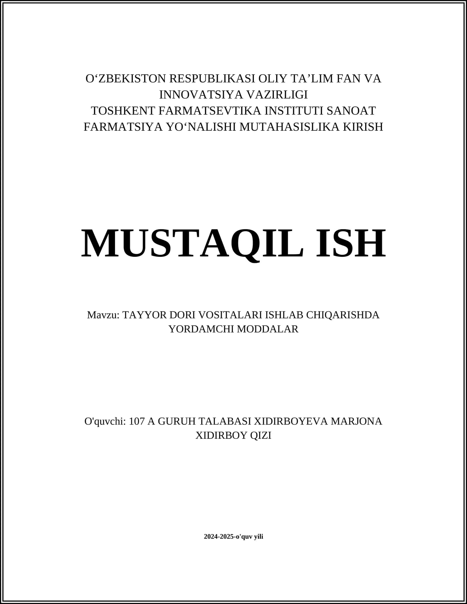 TAYYOR DORI VOSITALARI ISHLAB CHIQARISHDA YORDAMCHI MODDALAR 1