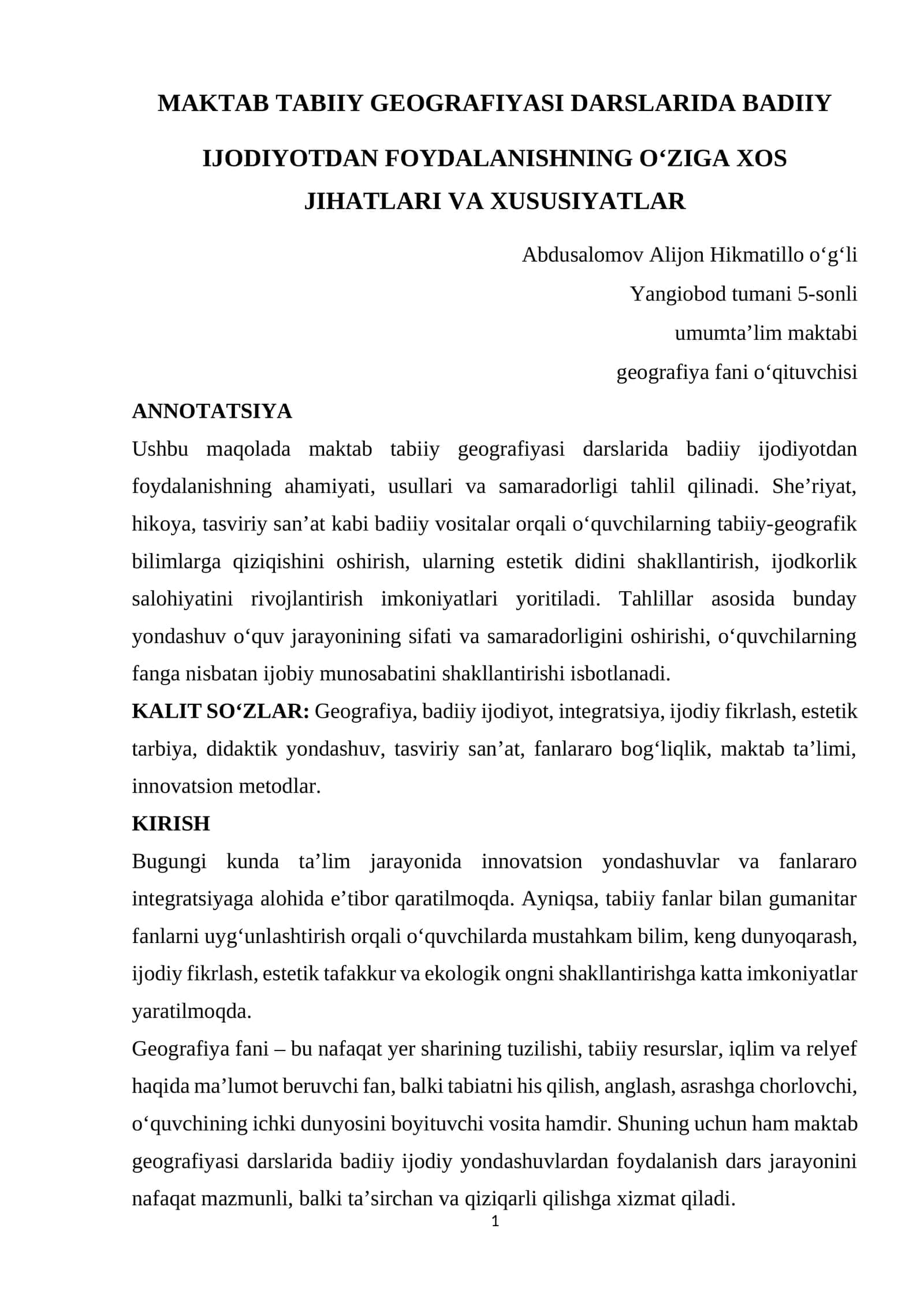 MAKTAB TABIIY GEOGRAFIYASI DARSLARIDA BADIIY IJODIYOTDAN FOYDALANISHNING O‘ZIGA XOS JIHATLARI VA XUSUSIYATLAR 1