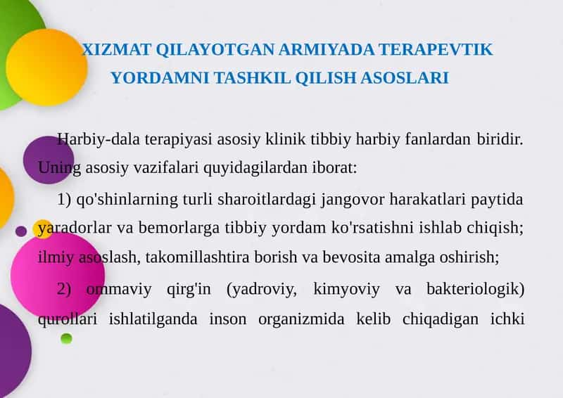 XIZMAT QILAYOTGAN ARMIYADA TERAPEVTIK YORDAMNI TASHKIL QILISH ASOSLARI 1