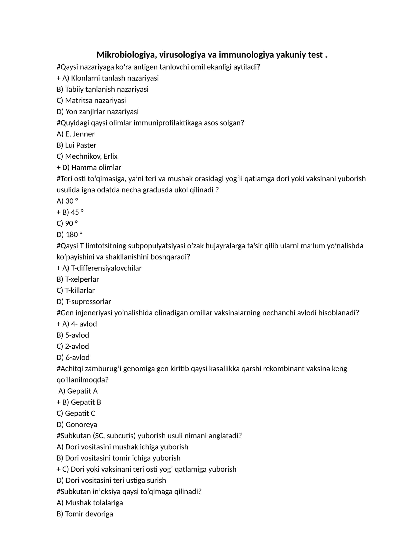 Mikrobiologiya, virusologiya va immunologiya yakuniy test 1