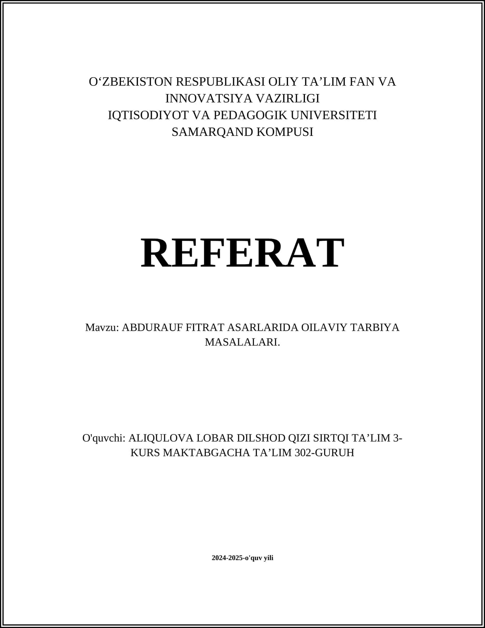 ABDURAUF FITRAT ASARLARIDA OILAVIY TARBIYA MASALALARI 1