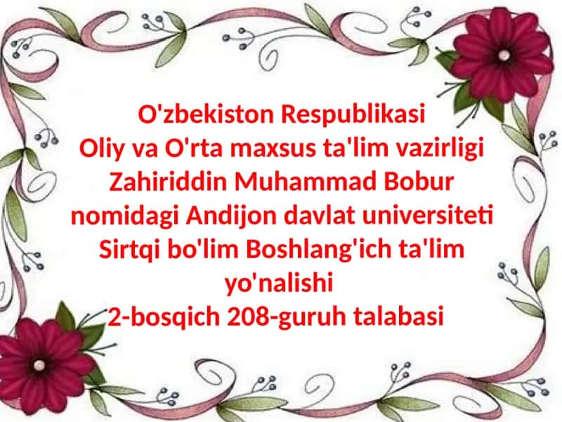 Zahiriddin Muhammad Bobur nomidagi Andijon davlat universiteti Sirtqi bo'lim Boshlang'ich ta'lim yo'nalishi 1