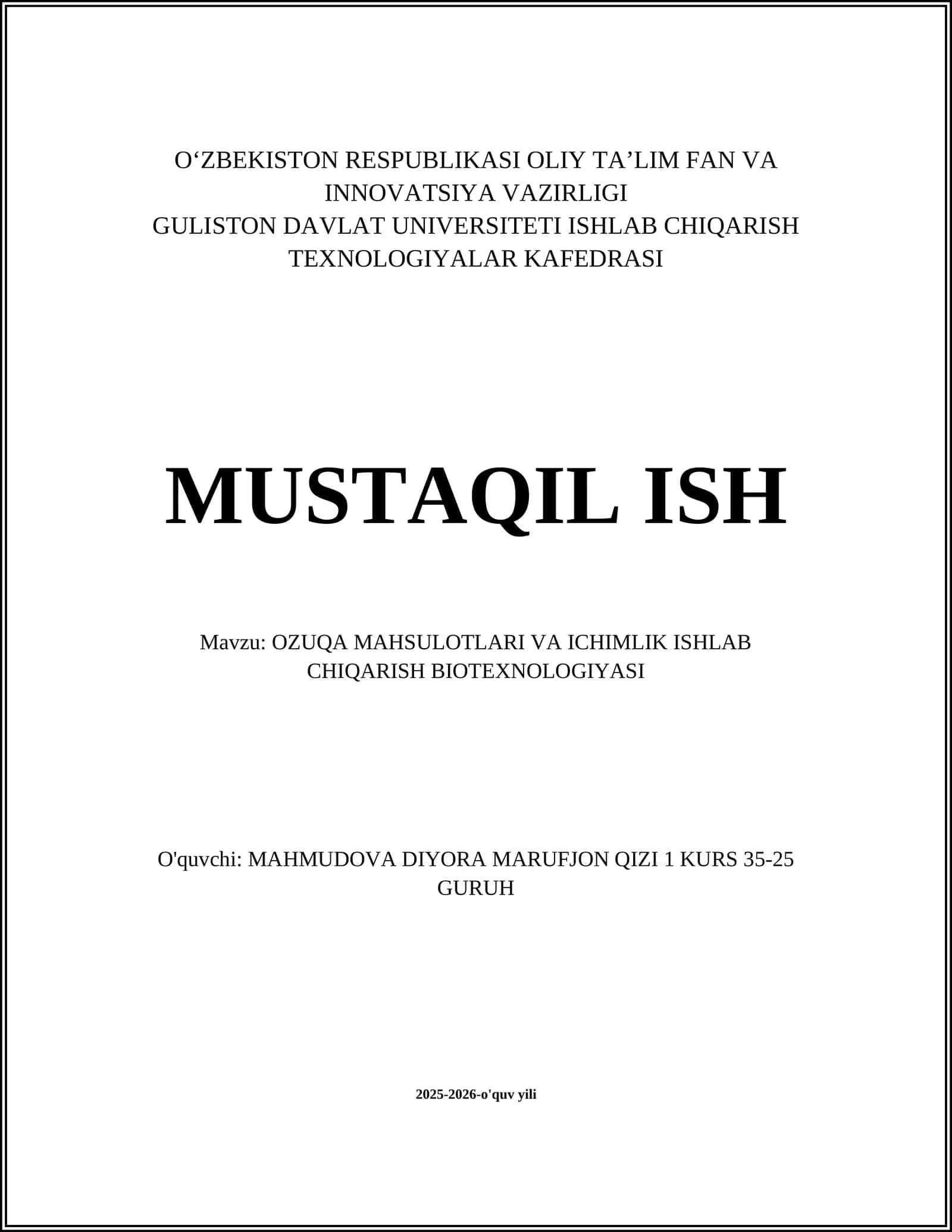 OZUQA MAHSULOTLARI VA ICHIMLIK ISHLAB CHIQARISH BIOTEXNOLOGIYASI 1