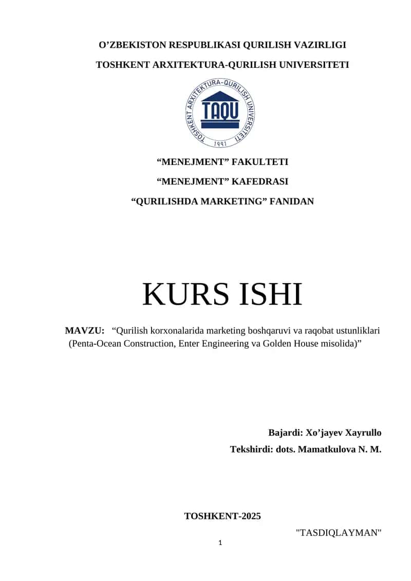Qurilish korxonalarida marketing boshqaruvi va raqobat ustunliklari 1