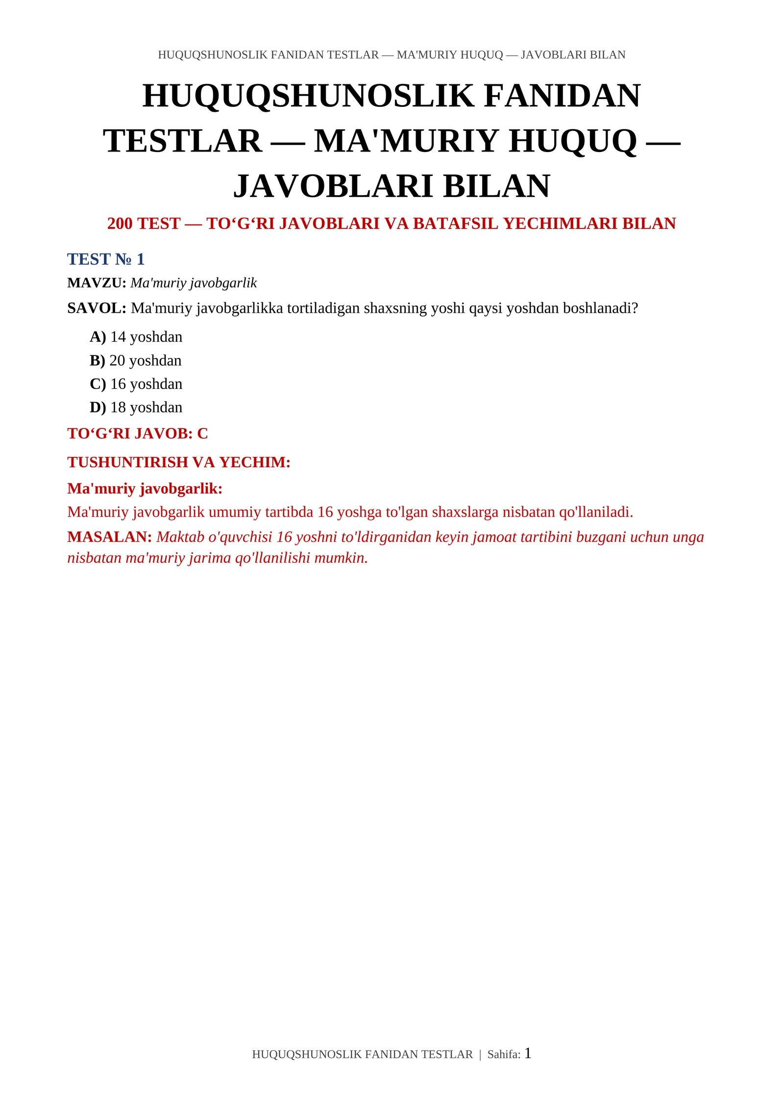HUQUQSHUNOSLIK FANIDAN TESTLAR — MA'MURIY HUQUQ — JAVOBLARI BILAN 1