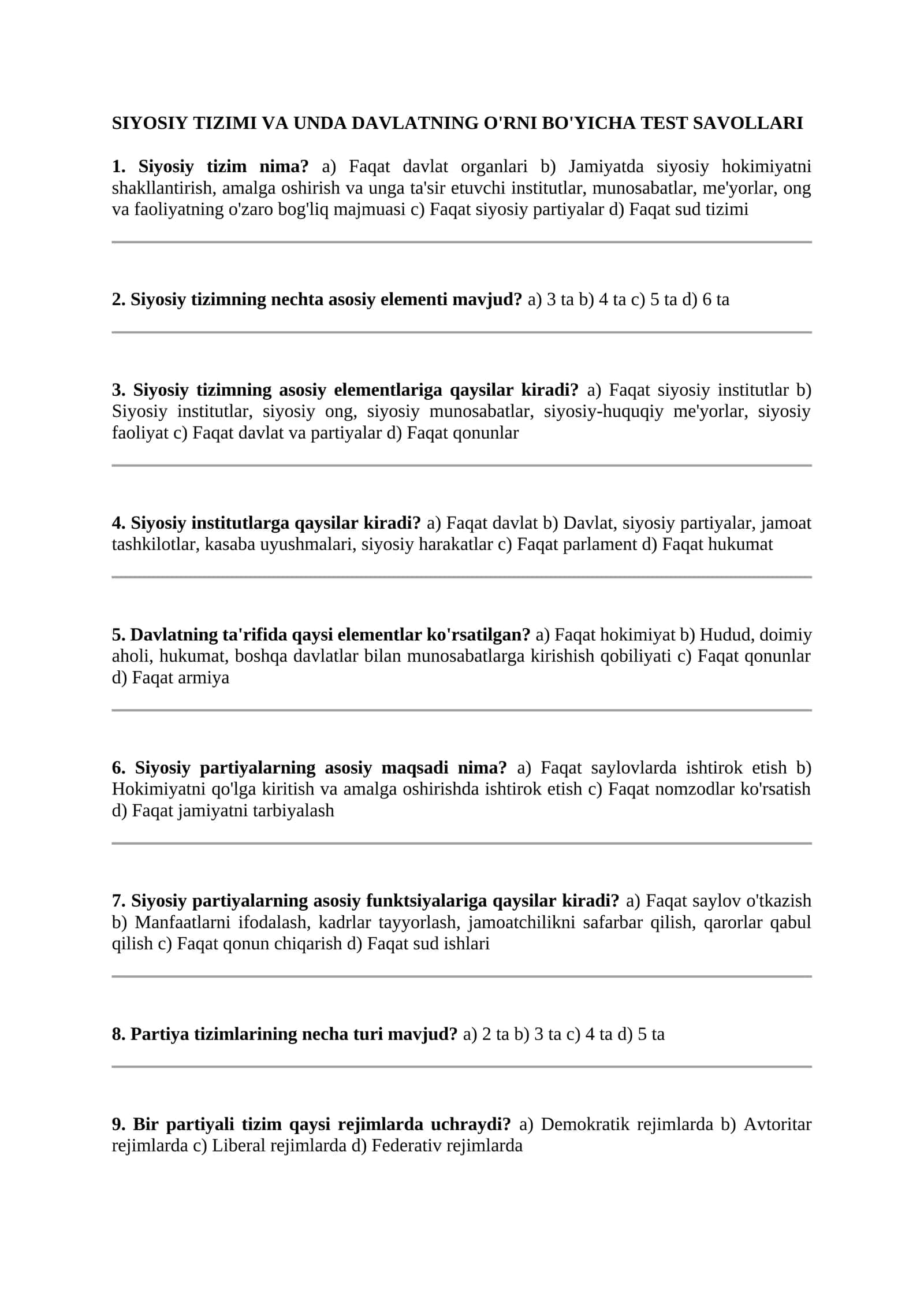 SIYOSIY TIZIMI VA UNDA DAVLATNING O'RNI BO'YICHA TEST SAVOLLARI 1