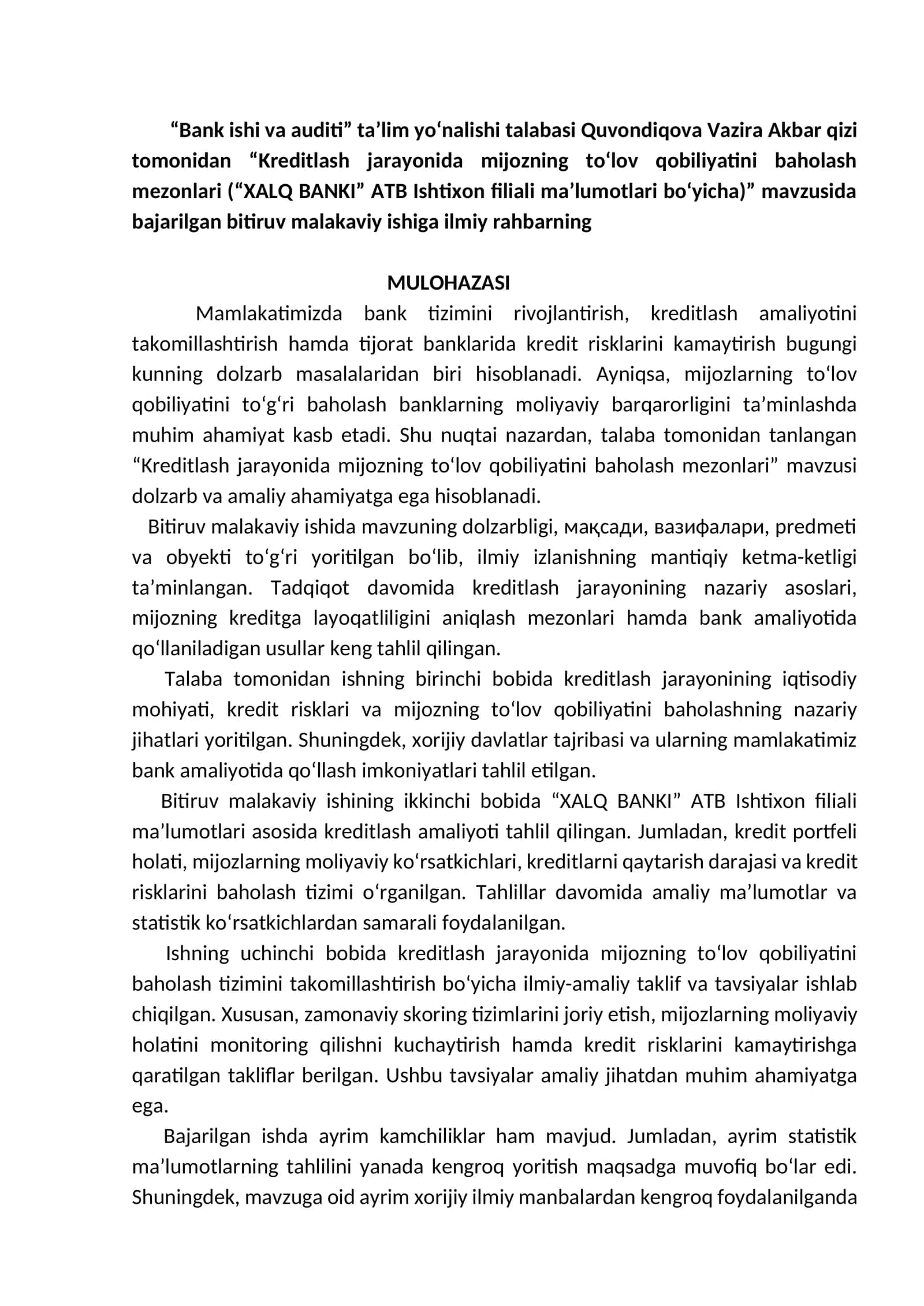 Kreditlash jarayonida mijozning to'lov qobiliyatini baholash mezonlari 1