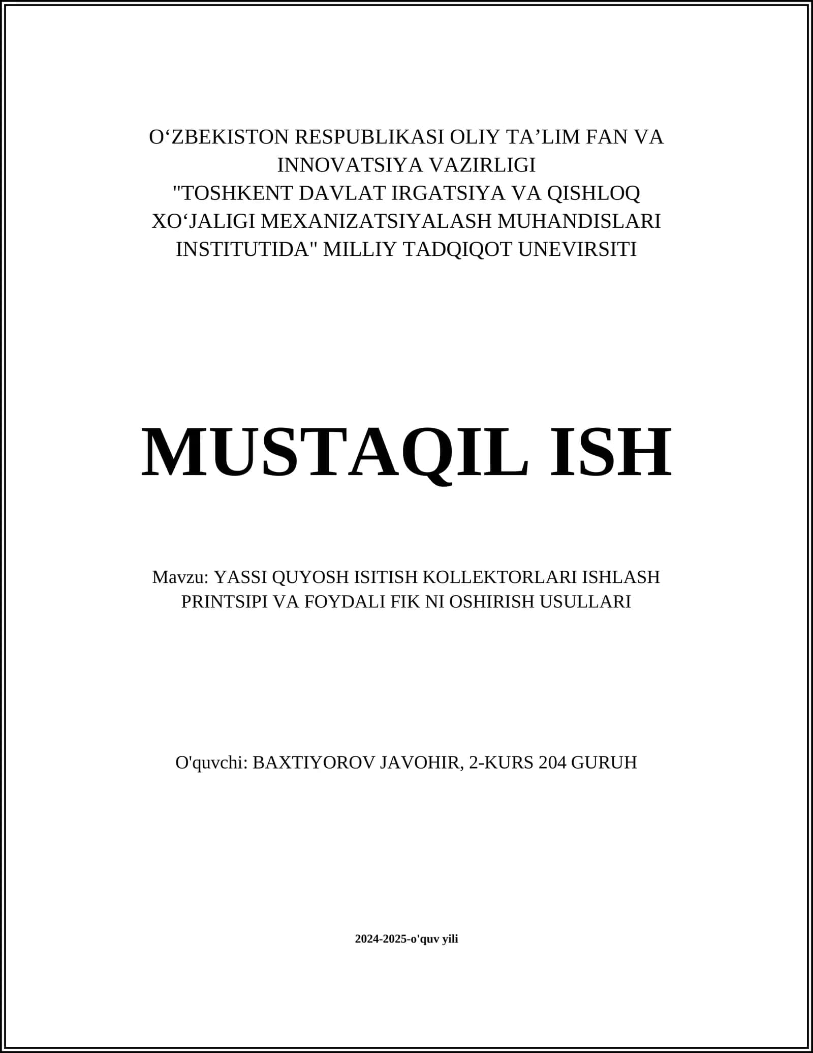 Yassi Quyosh Isitish Kollektorlari 1
