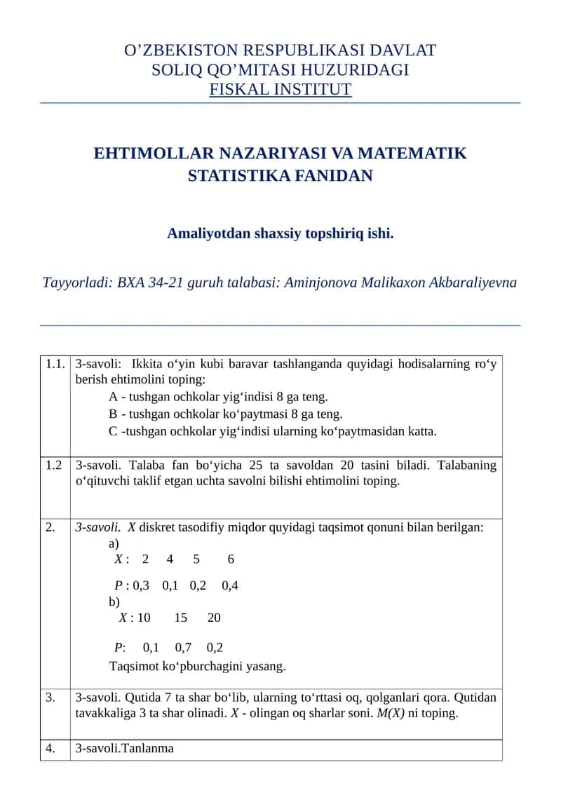 Ehtimollar nazariyasi va matematik statistika fanidan amaliyotdan shaxsiy topshiriq ishi 1