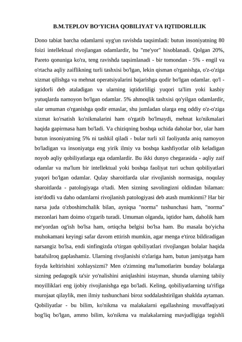 B.M.TEPLOV BOʻYICHA QOBILIYAT VA IQTIDORLILIK 1